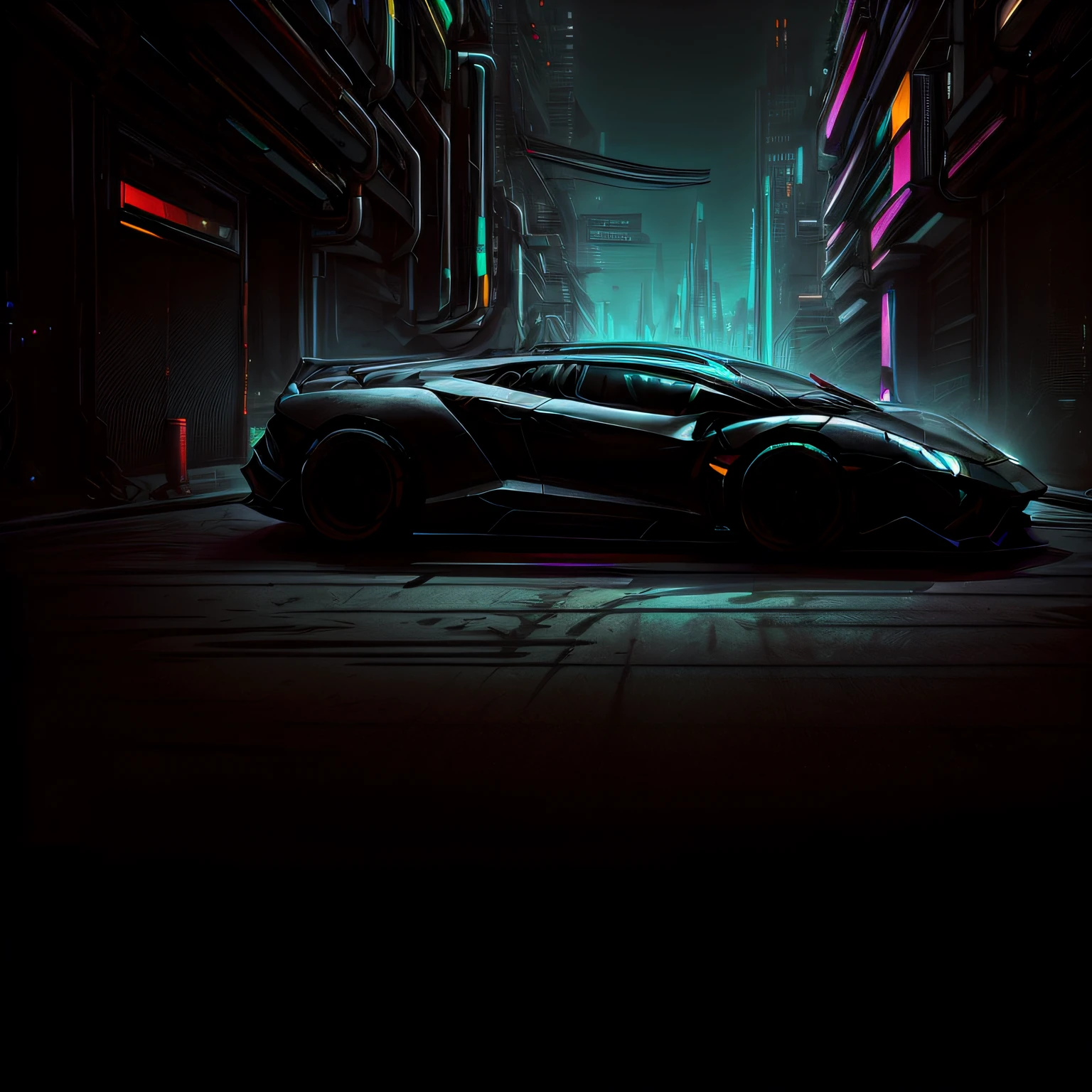 A cyberpunk black Lamborghini, with beautiful nature landscape in backdrop, money shot, dolly zoom