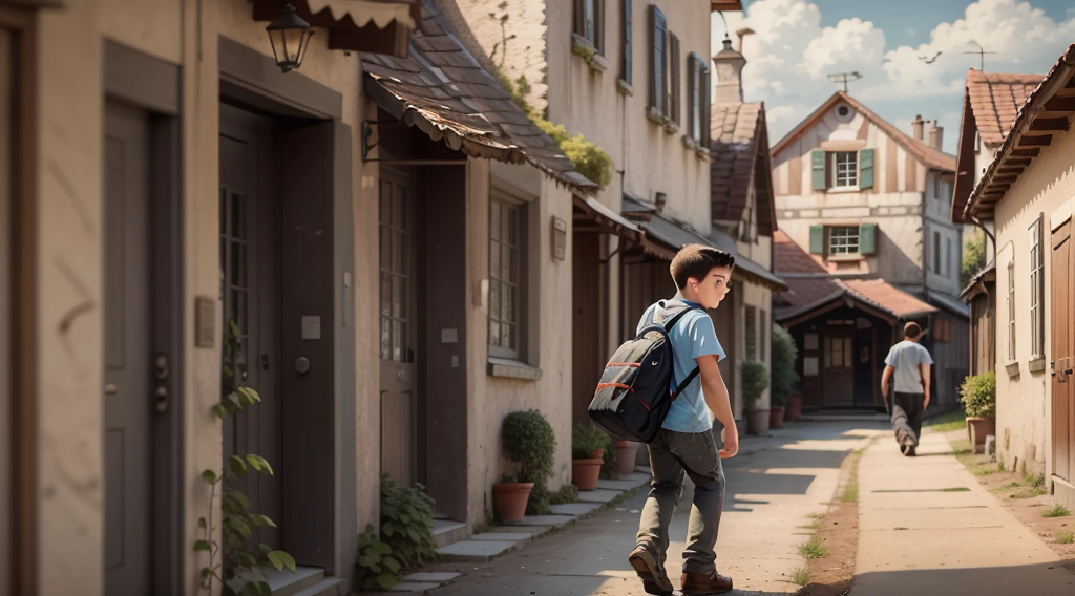 Enthusiastic 18-year-old boy arriving in a country village