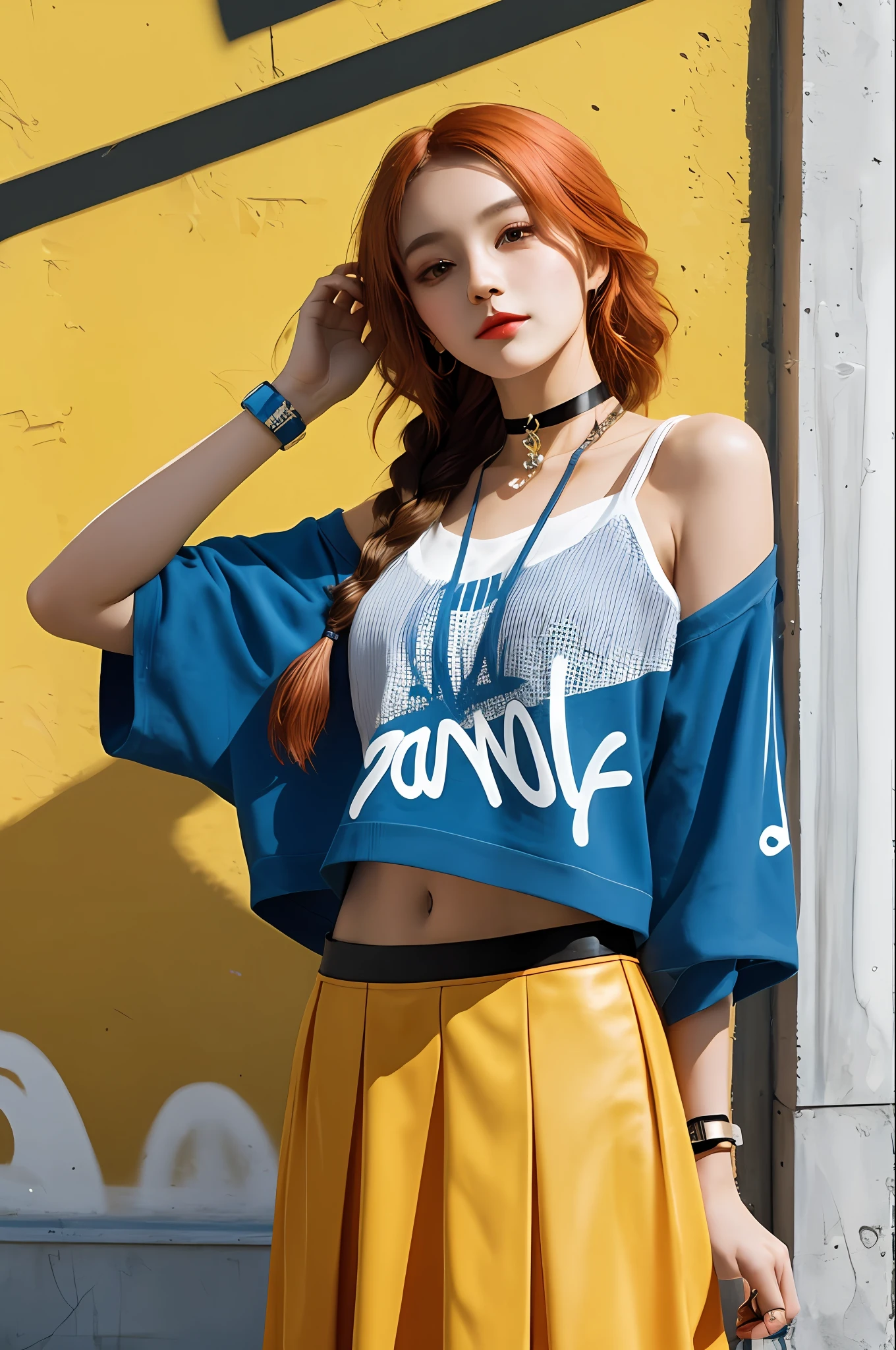 masterpiece, supreme quality, 1girl, solo performance, cropped chic top, vivid and vibrant orange hair, (vibrant yellow background), sophisticated braids, captivating choker, (graffiti: 1.5), splashes of artistic paint, attractive arms behind the back, leaning against the yellow wall, looking at the viewer, fashion armband, touch of urban hip-hop, mini flirtatious skirt, mischievous head tilt, powerful expression, warm orange tones, energetic asymmetrical layout, striking geometric patterns, imaginative street art, interaction of sunlight and shadows,