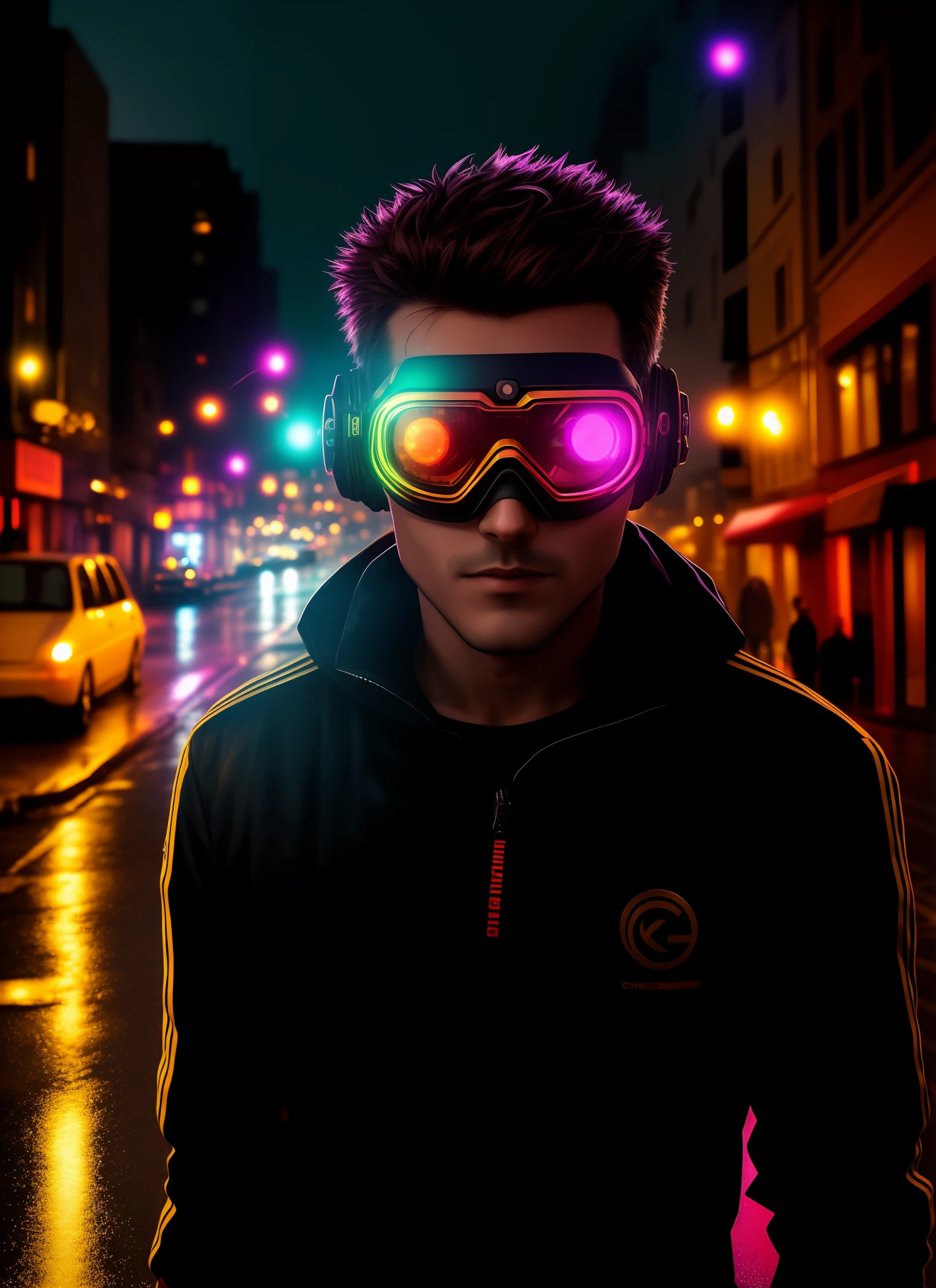 An award winning master piece photo of a cyborg man with psychedelic colors standing in a city street at night in the rain, wearing neon-colored glowing goggles, 8k, (high quality:1.1), (cinematic feeling:1.1), dark deep shadows, incredibly intricate detailing, art , (up close:1.1), from above, looking at viewer, (light sparkles:1.1), (chromatic aberration,:1.2) background with floating light artifacts