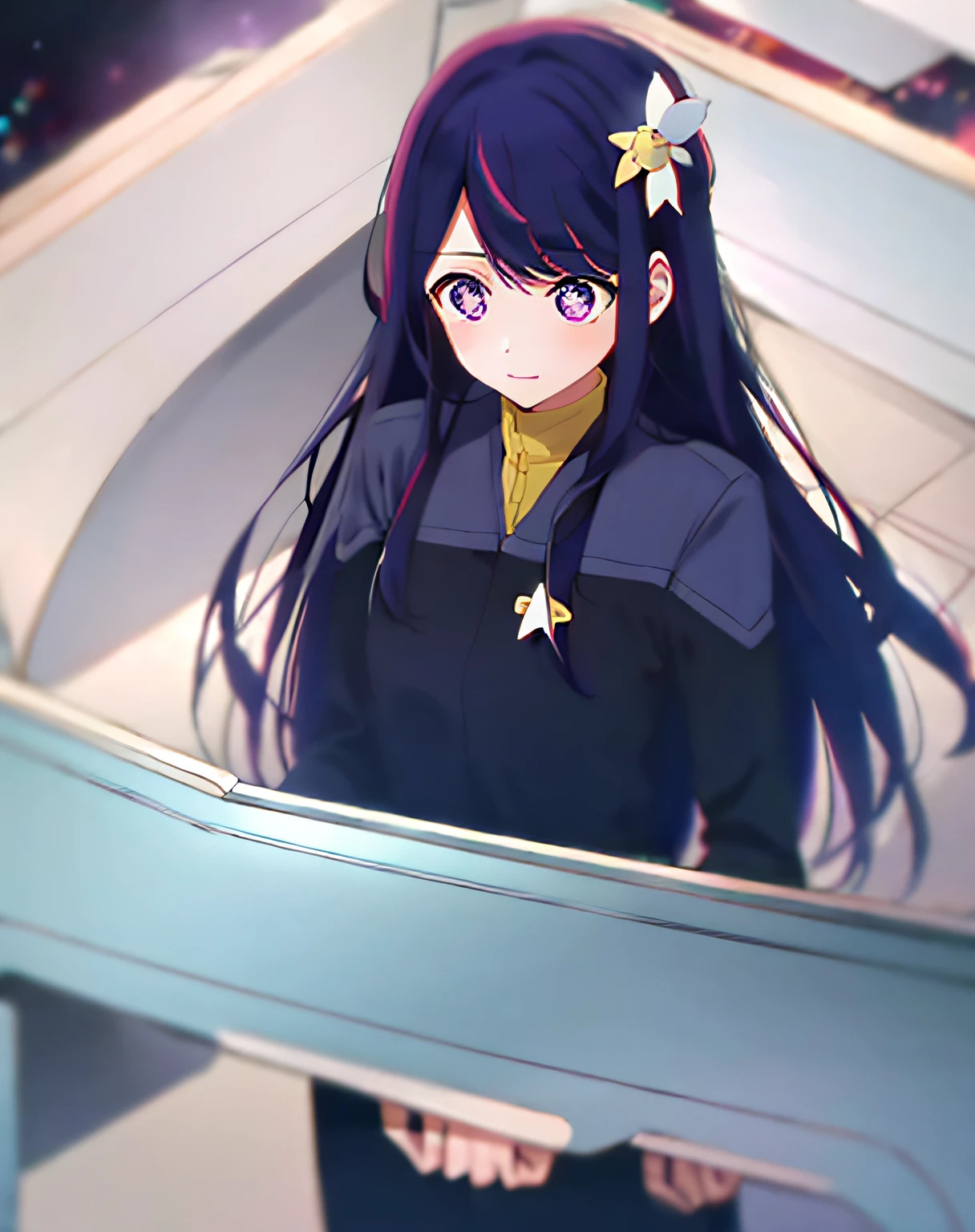 Hoshino Ai, long hair, purple hair, streaked hair ,purple eyes, star-shaped pupils, hair ornament, wearing ds9st uniform standing on a federation starsship bridge intiror
