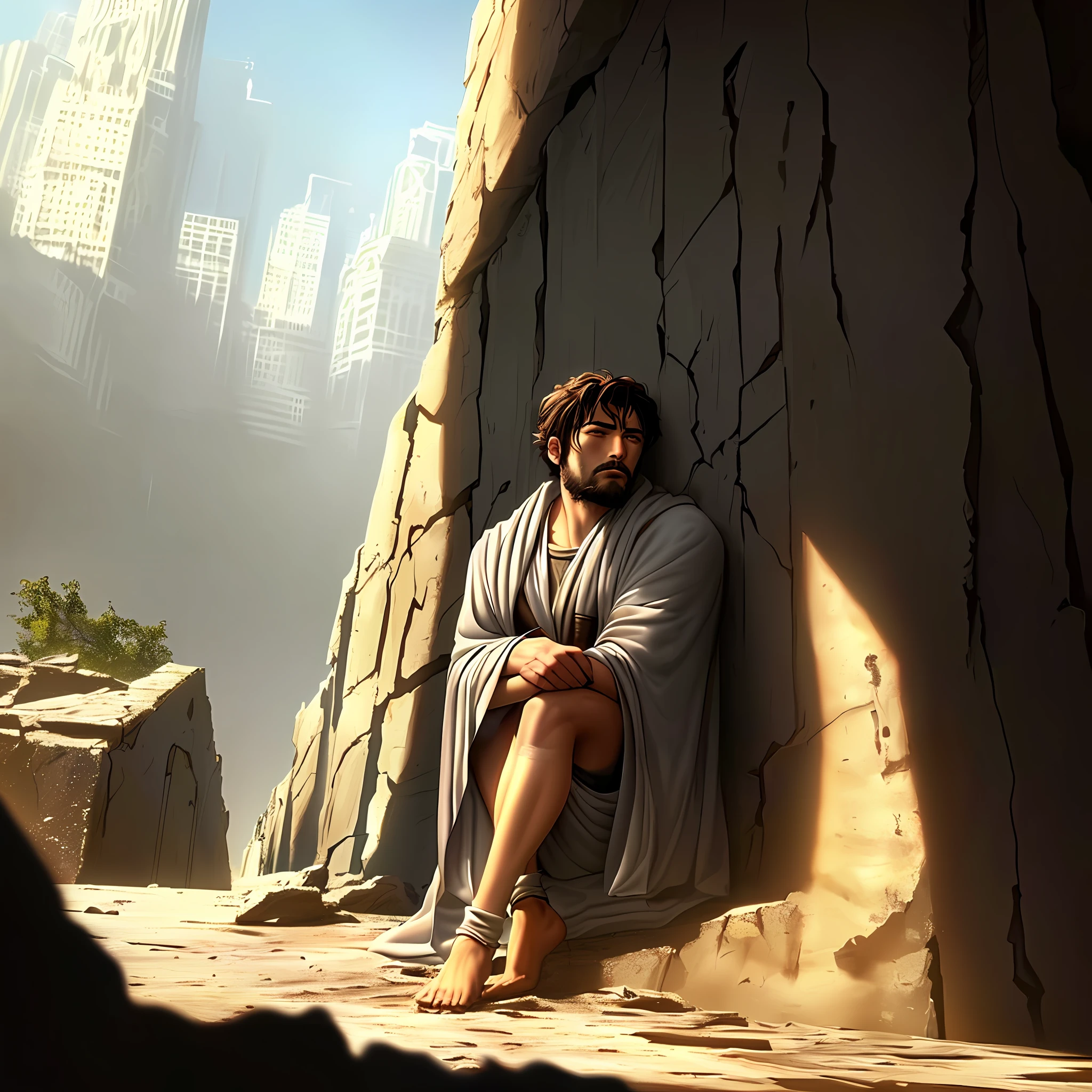 (((Young Man of both legs)))), sad, frustrated, sitting staring at the ground, in a ruin of biblical times, (((dressed in clothes of biblical times)))), medium beard, dressed in white