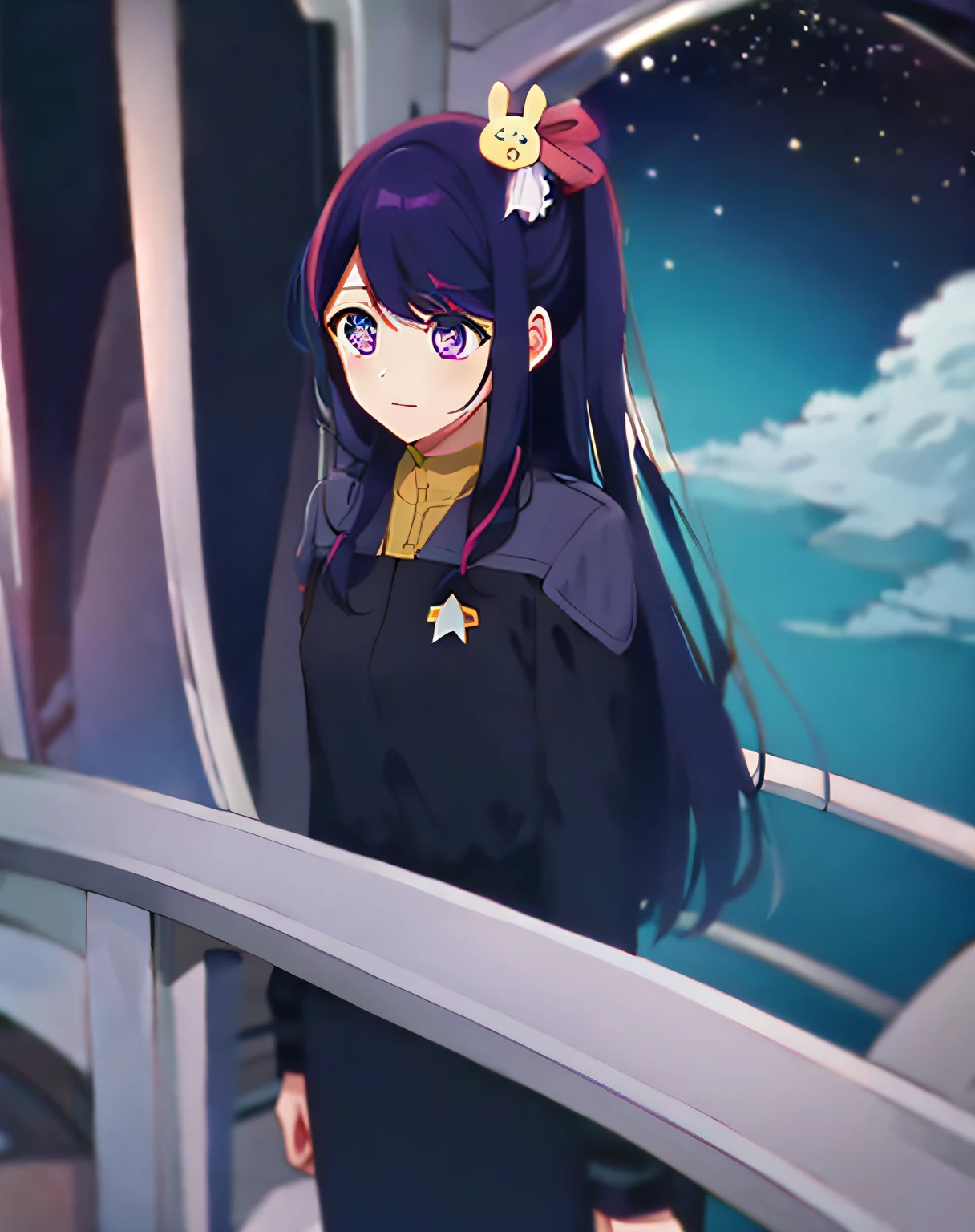 Hoshino Ai, long hair, purple hair, streaked hair ,purple eyes, star-shaped pupils, hair ornament, wearing ds9st uniform standing on a federation starsship bridge intiror