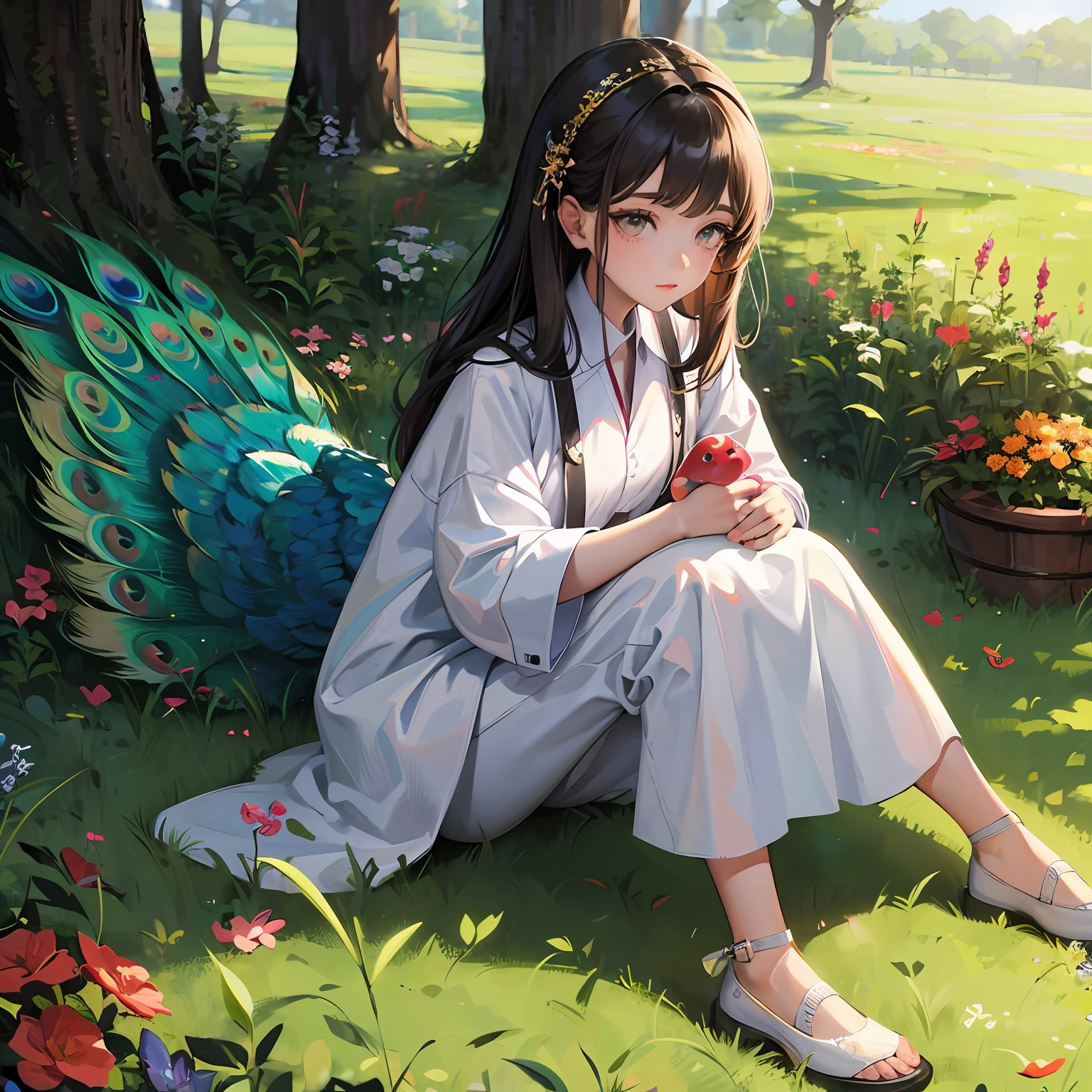 a girl sitting on grass playing with peacock --auto