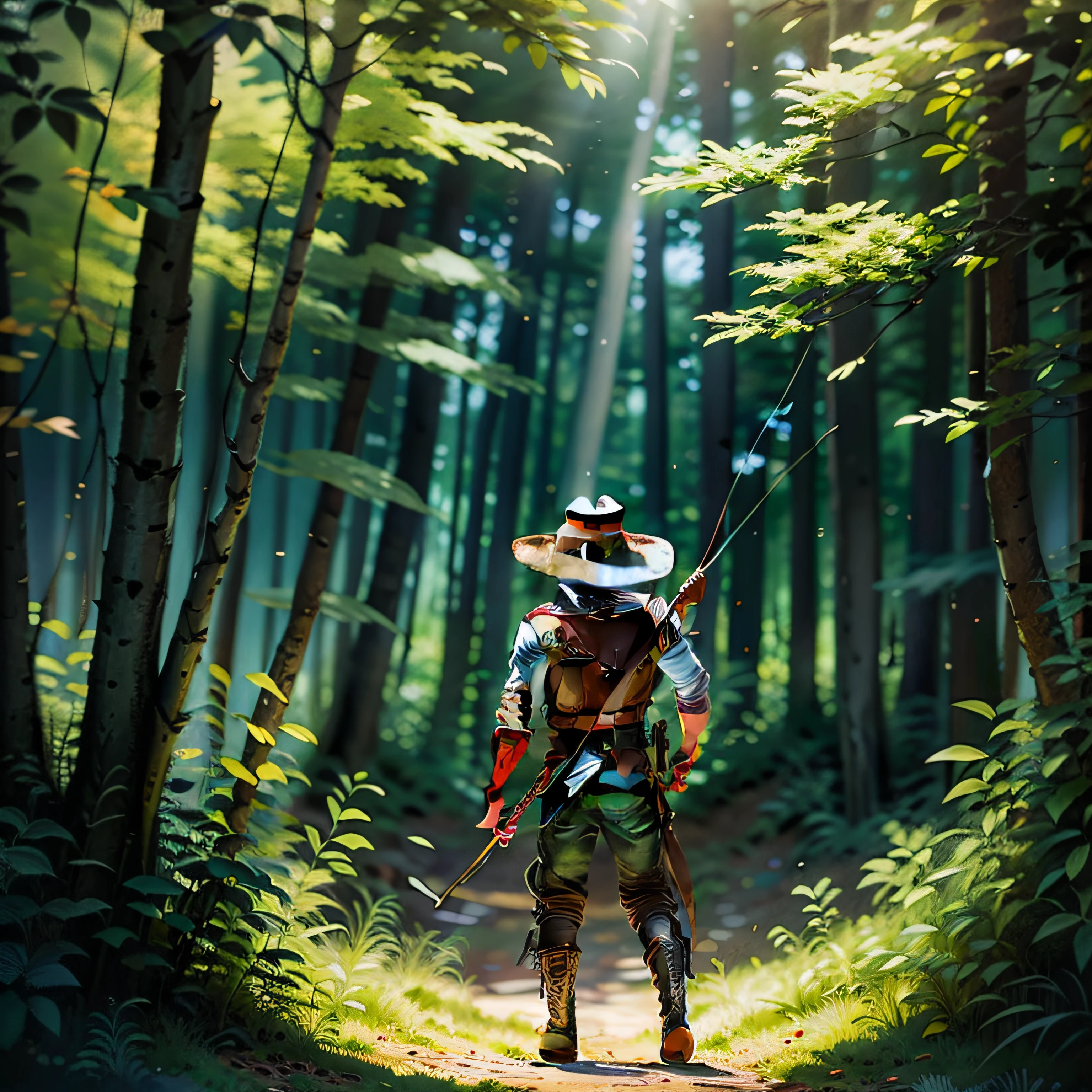 Masterpiece, ultra-detailed, very high quality, Man robin hood style, Leather vest, brown leather pants, straw hat, with bow and arrow in hands aiming at a rabbit, dark dense forest, rays of light between the trees, loaded bushes.