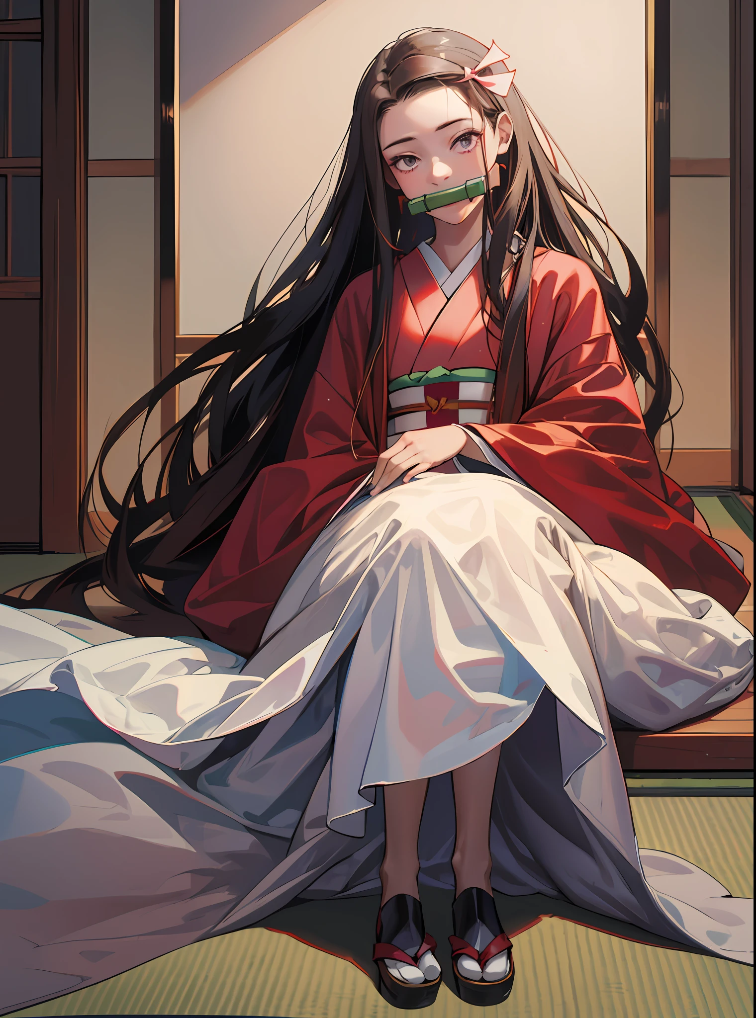 (masterpiece:1.2, best quality), (real picture, intricate details), ultra-detailed, highres, 1girl, kamado nezuko, bit gag, gagged, very long hair, ribbon, japanese clothes, full body, pureerosface_v1