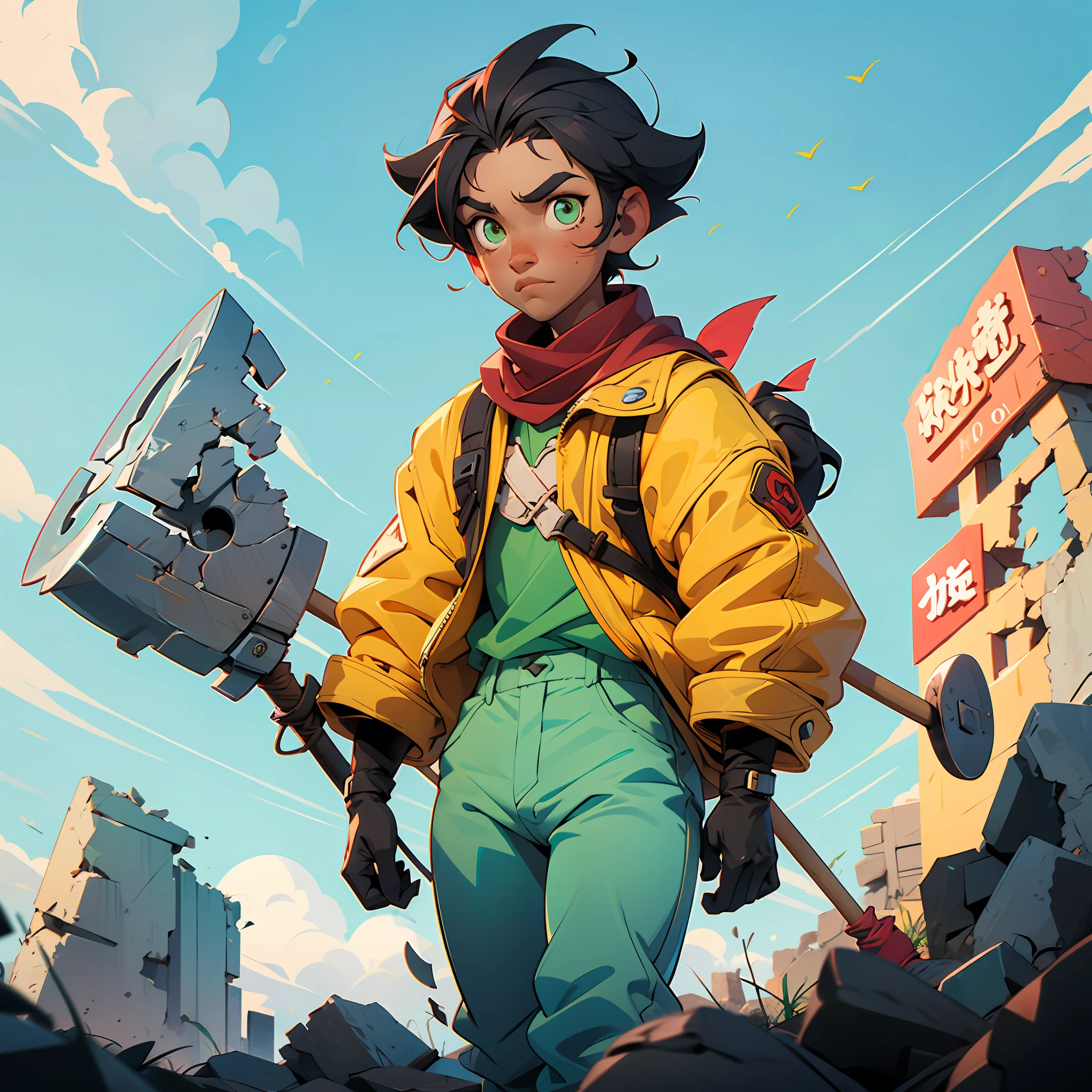 A boy, tall, black hair, brown skin, green eyes, a scar on his left eye, blue pants, high black boots, red scarf, yellow shirt, high black gloves, young, carrying an axe, apocalyptic background, Ruins, anime, 2d, cartoon, comic --ToonYou