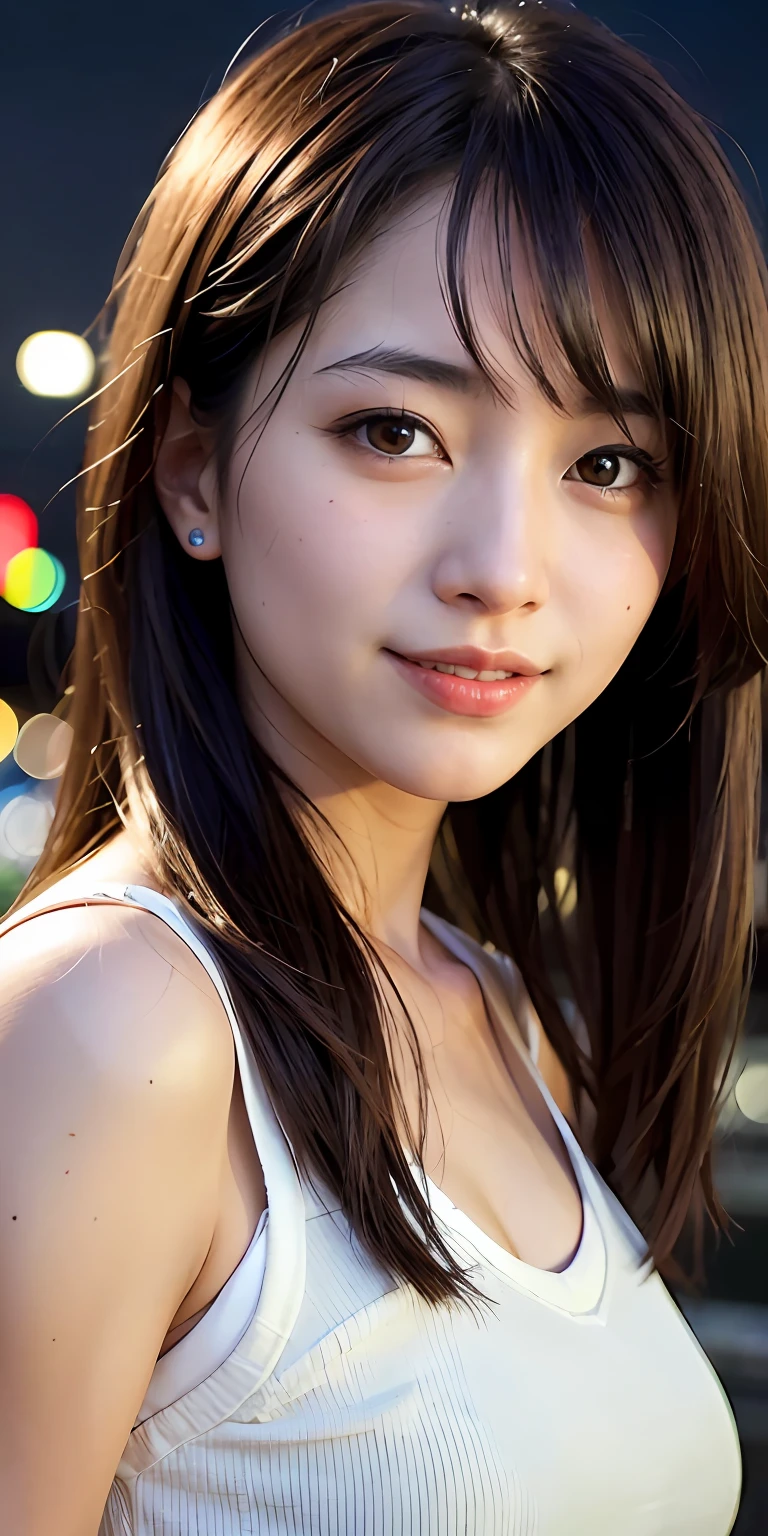 1girl, Tokyo street,night, cityscape,city lights,upper body,close-up,smile,, (8k, RAW photo, best quality, masterpiece:1.2),(realistic, photo-realistic:1.37),