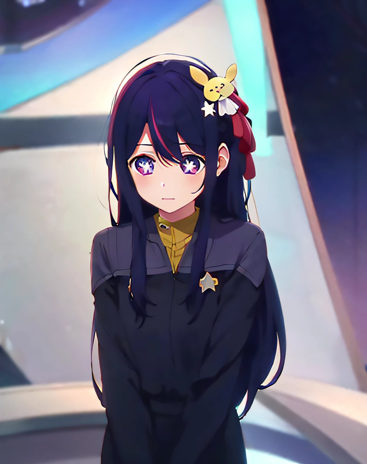 Hoshino Ai, long hair, purple hair, streaked hair ,purple eyes, star-shaped pupils, hair ornament, wearing ds9st uniform standing on a federation starsship bridge intiror