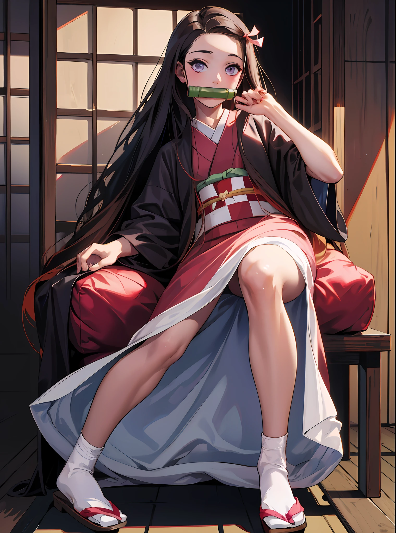 (masterpiece:1.2, best quality), (real picture, intricate details), ultra-detailed, highres, 1girl, kamado nezuko, bit gag, gagged, very long hair, ribbon, japanese clothes, full body, pureerosface_v1