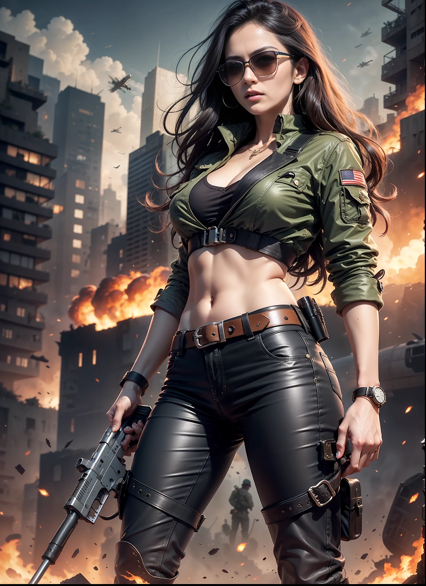 Movie poster, big chest woman, long hair, sunglasses, black pants, 1 black belt, holster with pistol, just one body, front view, ruins, jungle, night, explosions behind, planes in the sky.