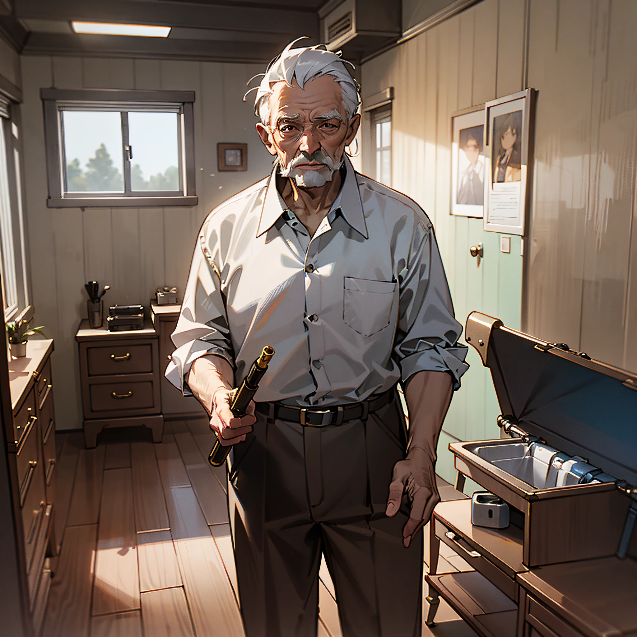 High quality In the room, a kind old man in a white shirt, holding a pipe in his hand,