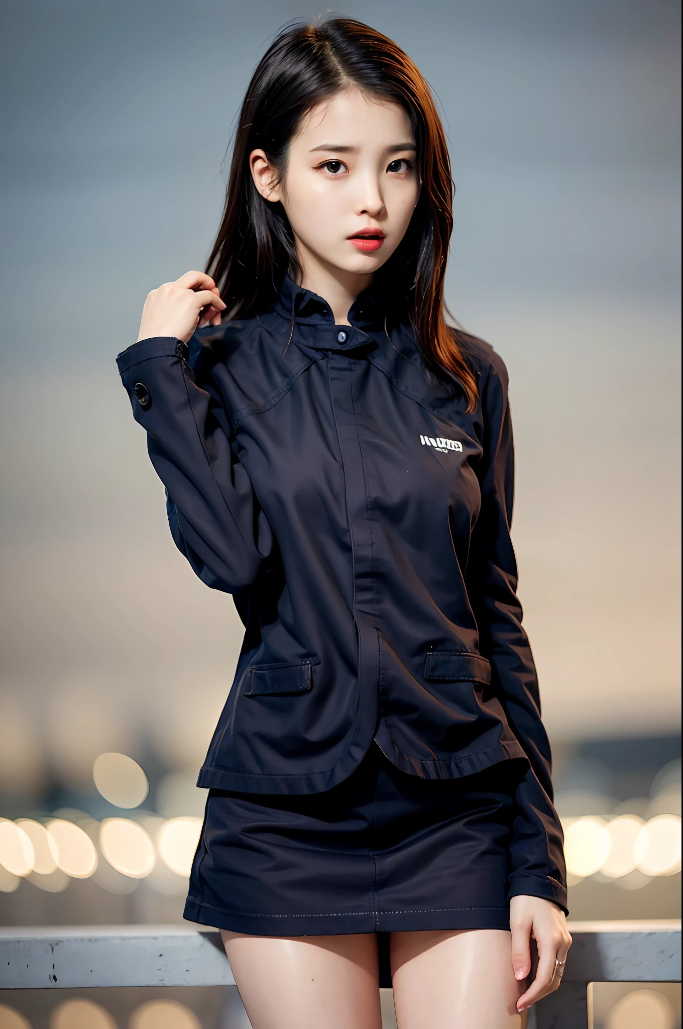 nikon RAW photo,8 k,Fujifilm XT3,photorealistic,realistic, solo, photorealistic, best quality, ultra high res, (skin spots:0.1) serious expression, , standing against a city skyline at night,business suits, short, wet and tight shirt,Suit skirt beautiful, masterpiece, best quality, extremely detailed face, perfect lighting, solo,1girl, sexy sight best quality, ultra high res, photorealistic, ultra detailed, masterpiece, best quality, iu1
