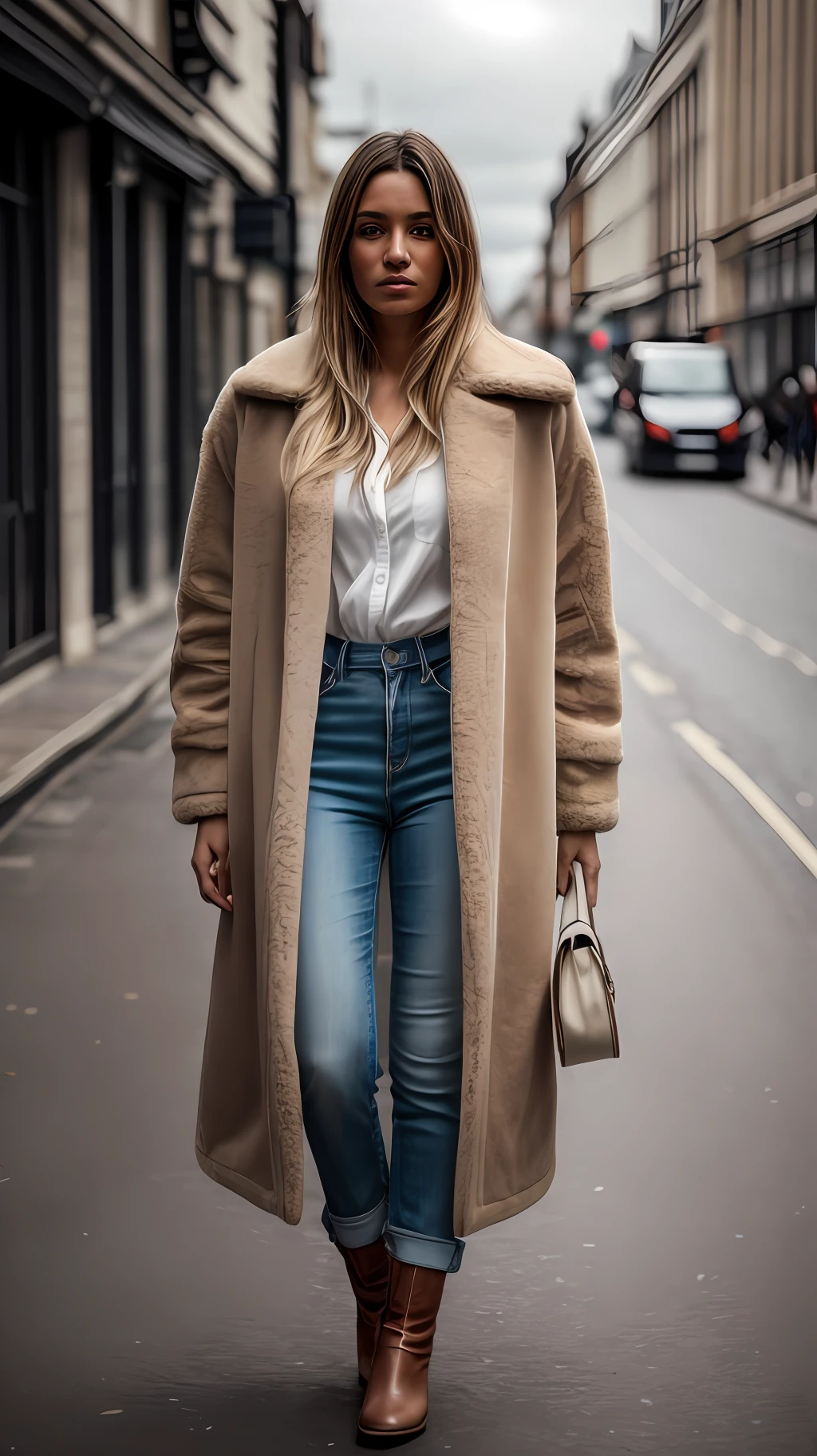 photo portrait, 1 woman, hair dyed blonde, tanned skin, 30 years, long hair, standing walking the streets of London by day, illuminated by daylight, cloudy, cold, autumn, London streets, brown eyes, wearing large white fur coat, white leather pants and white leather boot, bulky body, perfect body, photorealistic, photo, masterpiece, realistic, realism, photorealism, high contrast, photorealistic digital art trend on Artstation 8k HD high definition detailed realistic, detailed, skin texture, hyper detailed, realistic skin texture, armor, best quality, ultra high resolution, (photorealistic: 1.4), high resolution, detailed, raw photo, sharp re, by lee jeffries nikon d850 film stock photography 4 kodak camera portra 400 lens f1.6 rich colors hyper realistic texture realistic lighting Dramatic IrrealEngine trending on Artstation Cinestill 800, full body photo