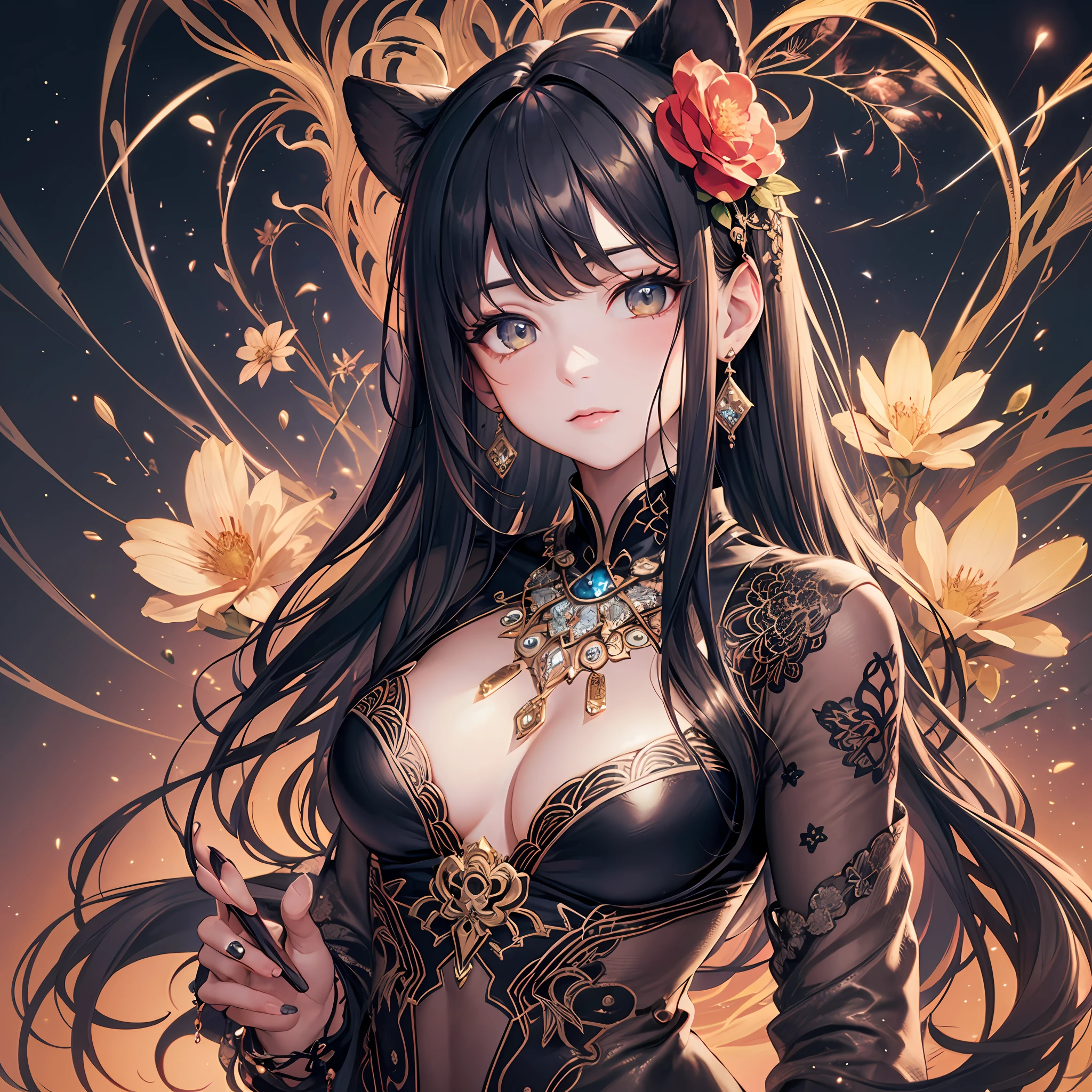 (Masterpiece, Top Quality, Best Quality, Official Art, Beautiful and Aesthetic: 1.2), (1 Girl: 1.3), Black, Very Detailed, (Fractal Art: 1.1), (Monochrome: 1.1) (Flower: 1.3), Supreme Detail, (Zentangle: 1.2), Long Dress Sleeves, (Abstract Background: 1.3), (Glossy Skin), (Earrings), (Light: 1.3), Jewels, Long Hair, Enveloped in Light, Detailed Background, Phoenix Dress, Panda Ears, Flower, Bright Eyes, Fireworks, Tattoo