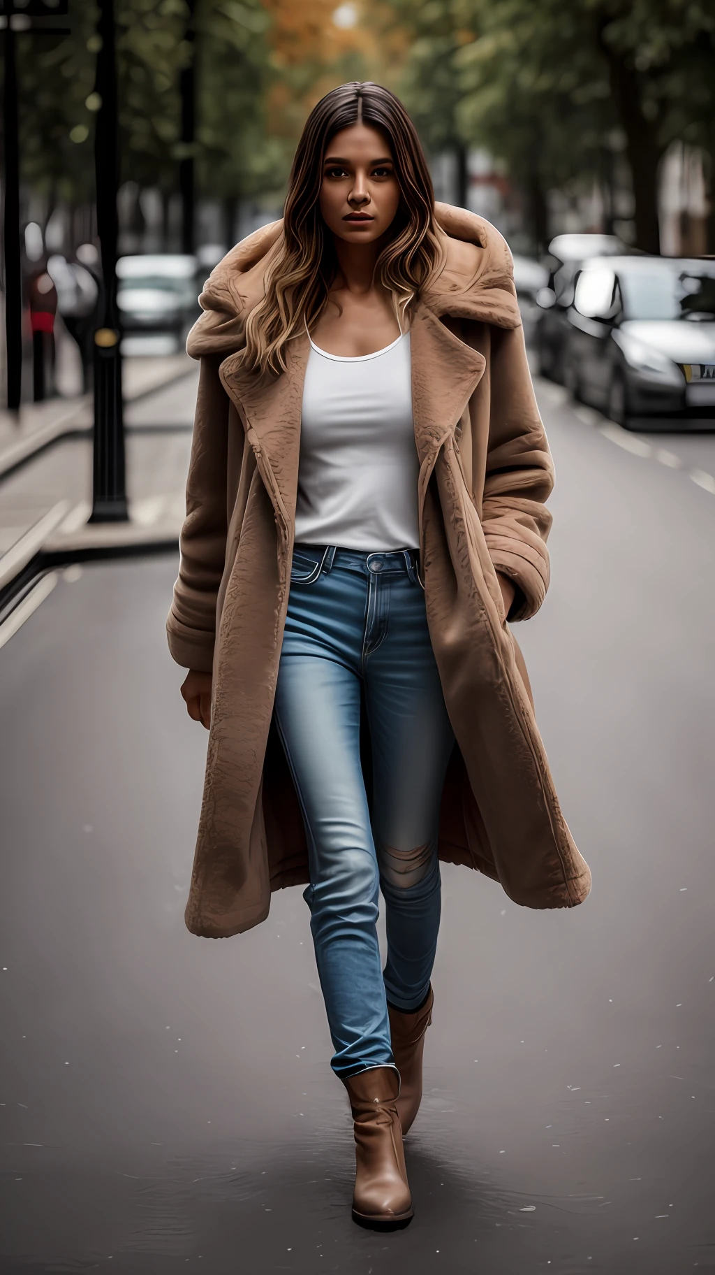 photo portrait, 1 woman, hair dyed blonde, tanned skin, 30 years, long hair, standing walking the streets of London by day, illuminated by daylight, cloudy, cold, autumn, London streets, brown eyes, wearing large white fur coat, white leather pants and white leather boot, bulky body, perfect body, photorealistic,  photo, masterpiece, realistic, realism, photorealism, high contrast, photorealistic digital art trend on Artstation 8k HD high definition detailed realistic, detailed, skin texture, hyper detailed, realistic skin texture, armor, best quality, ultra high resolution, (photorealistic: 1.4), high resolution, detailed, raw photo, sharp re, by lee jeffries nikon d850 film stock photography 4 kodak camera portra 400 lens f1.6 rich colors hyper realistic texture realistic lighting Dramatic IrrealEngine trending on Artstation Cinestill 800, full body photo