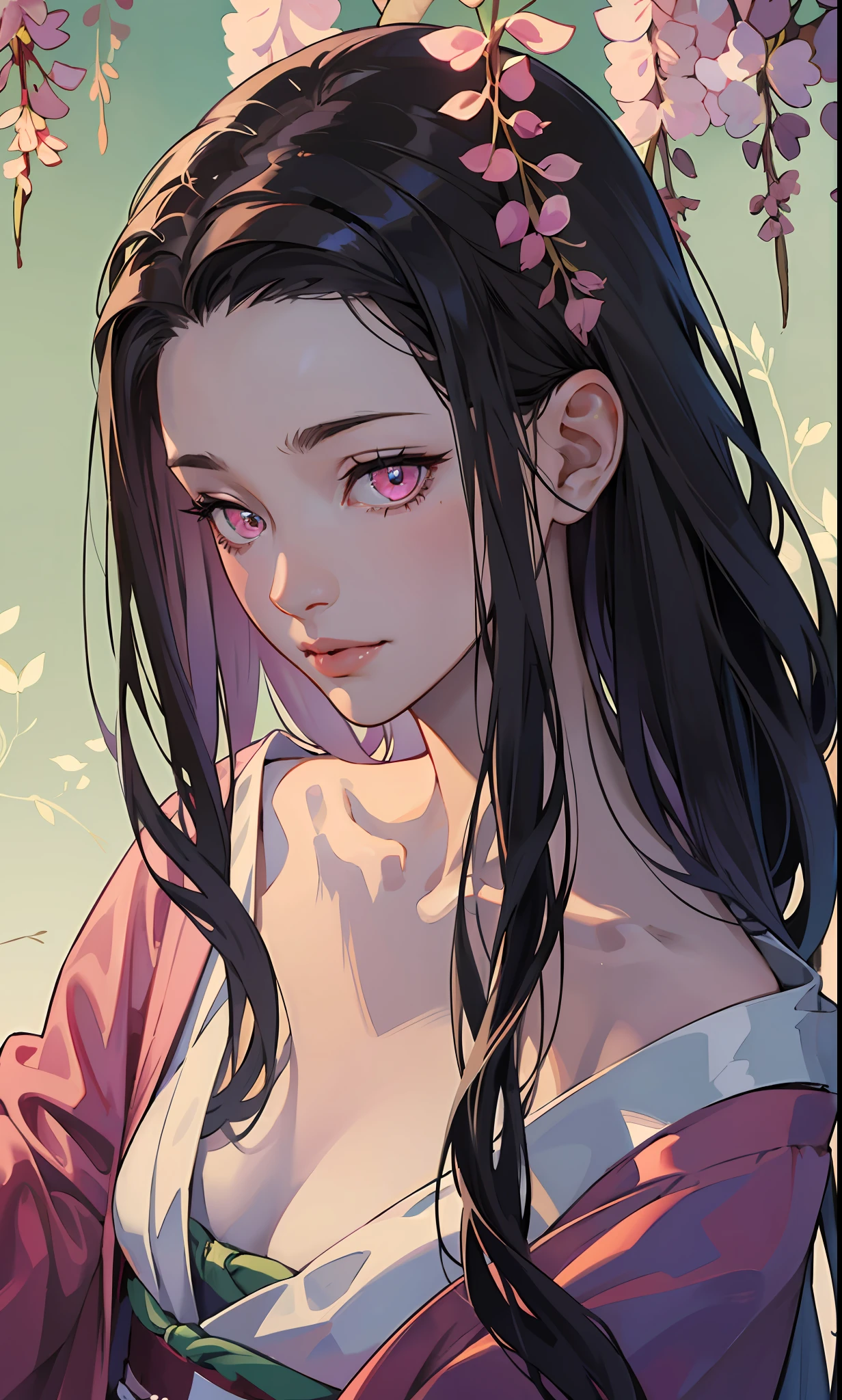 masterpiece, (pink kimono), seductive face, good lighting, décolleté, small details, masterpiece, glowing eyes, 1girl, black hair, on face, Nezuko Kamado, wisteria background, masterpiece, best quality, POV, erotica