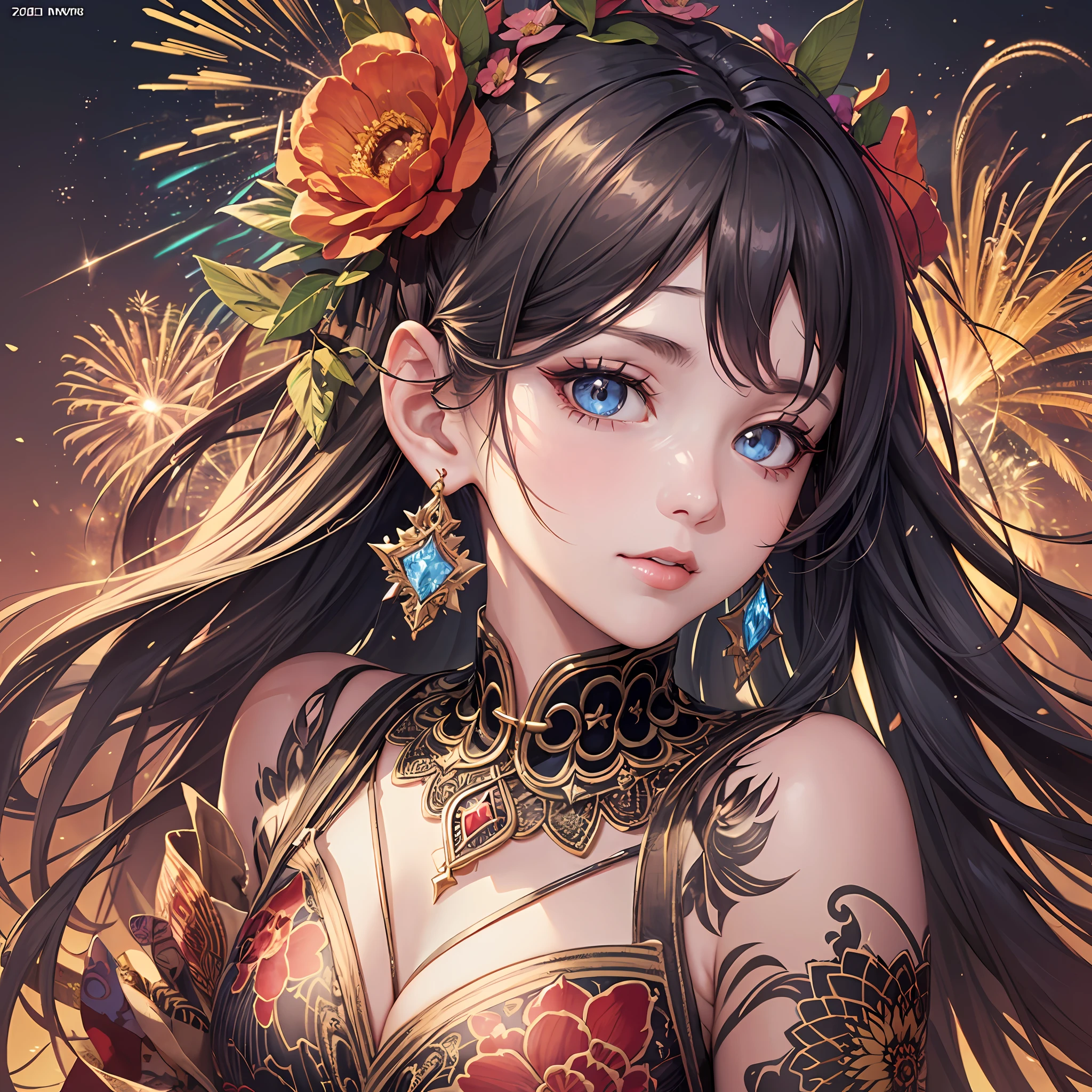 (Masterpiece, Top Quality, Best Quality, Official Art, Beautiful and Aesthetic: 1.2), (1 Girl: 1.3), Black, Very Detailed, (Fractal Art: 1.1), (Monochrome: 1.1) (Flower: 1.3), Supreme Detail, (Zentangle: 1.2), Long Dress Sleeves, (Abstract Background: 1.3), (Glossy Skin), (Earrings), (Light: 1.3), Jewels, Long Hair, Enveloped in Light, Detailed Background, Phoenix Dress, Panda Ears, Flower, Bright Eyes, Fireworks, Tattoo