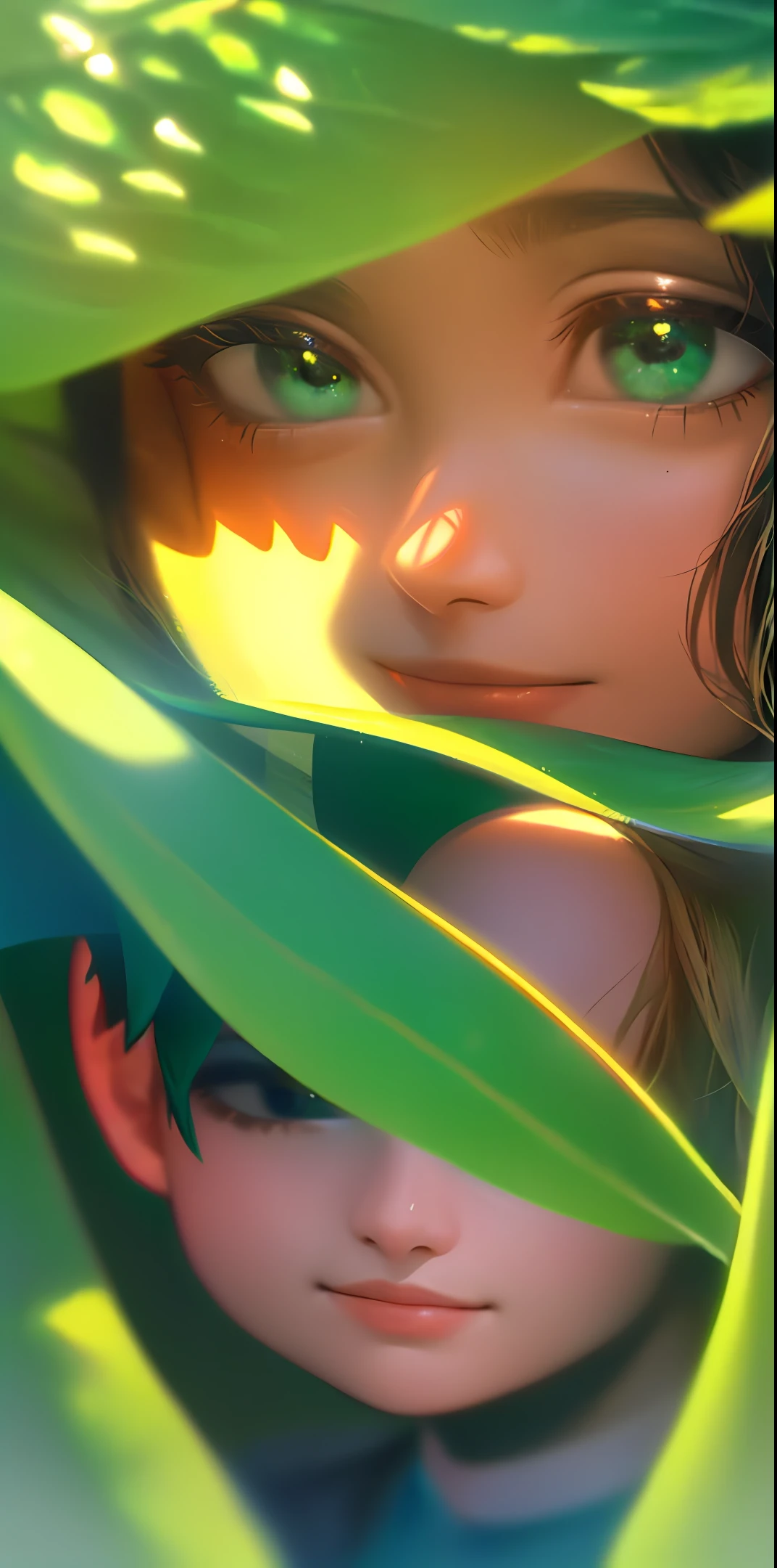 artwork illustration sunny day green nature cozy flora 1girl youthful and angelic appearance (child ((focus on face)) between giant leaves in the shade protecting herself from the strong sun smiling holding plants bright colors shades of green top quality ((light focus)) (eye detail) (8k) (sharp focus)
