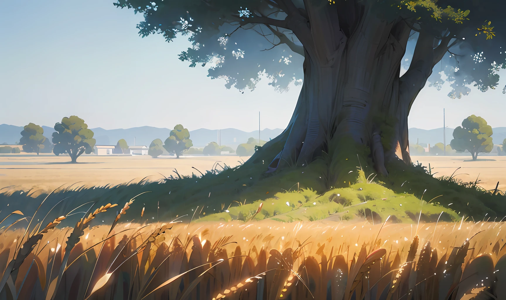 ((Masterpiece)), ((Well Detailed)), (( hyper-realistic)), Tree in front of Wheat plantation.