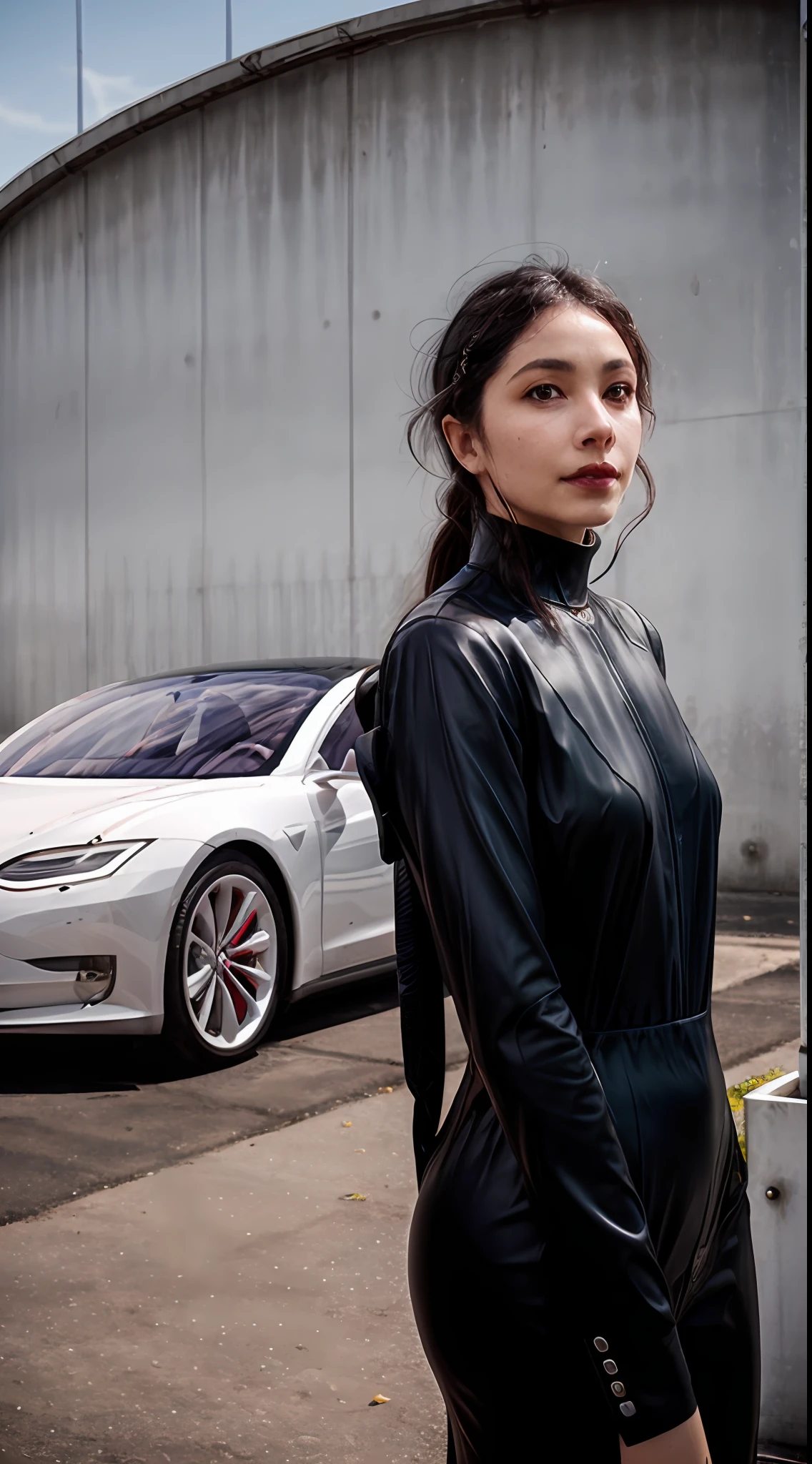 person dresses in a minimalist and eco-friendly fashion, wearing a sleek black outfit made from sustainable materials. Their expression is calm and contemplative, representing Tesla's forward-thinking and environmentally conscious approach. A Tesla Model S or a Model 3 stands in the background, emphasizing the brand's commitment to electric vehicles and clean energy