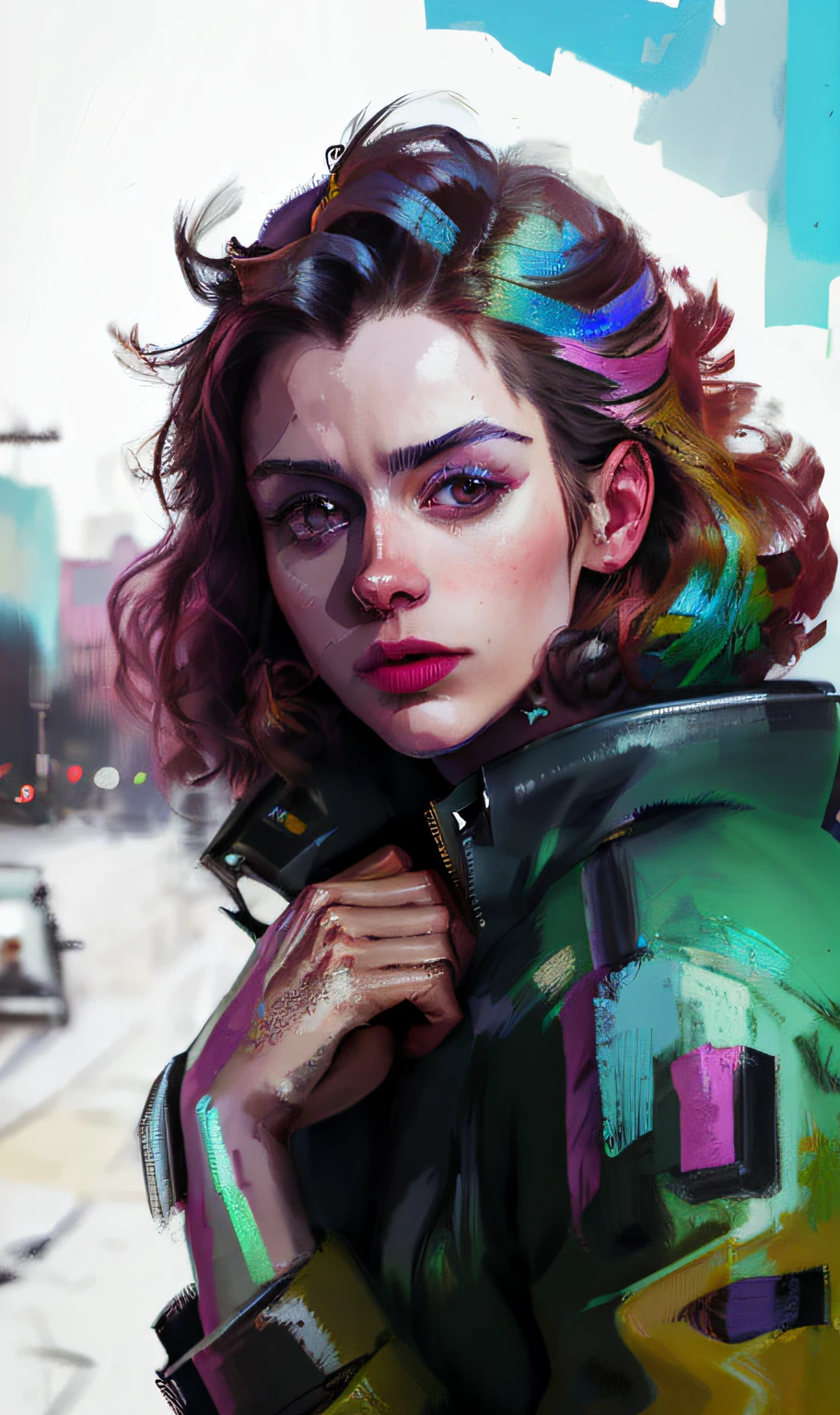 a woman in a city, full body shot, highly detailed face, highly detailed outfit with iridescent colors on the jacket, photo photography, bright vivid colors, great fashionable hairstyle, photoshoot, lofi style, better eyes + face