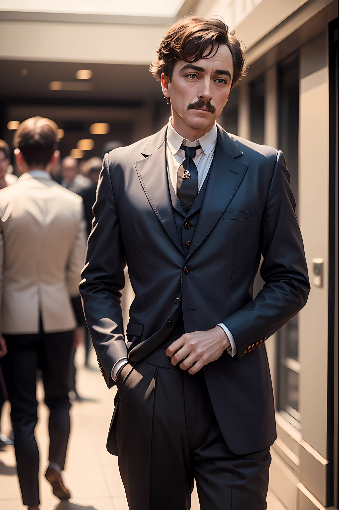 hyper realistic professional photo of charles chaplin in modern times movie, dressed as a rich man, in the year 1920, Cinematic, 35mm lens, f/ 1. 8, fashion photography instagram coffee influencer photo --ar 16:9 --v 5 --auto