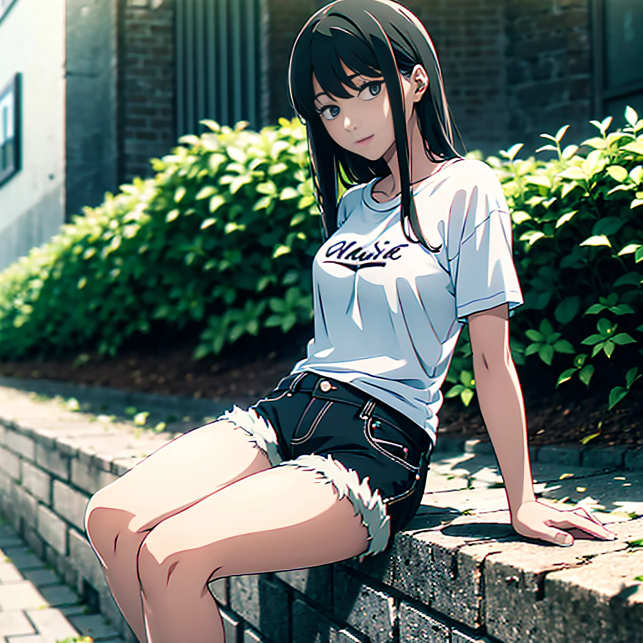 Best quality, masterpiece, girl, black hair, black eyes, white t-shirt, shorts, in a shabby yard