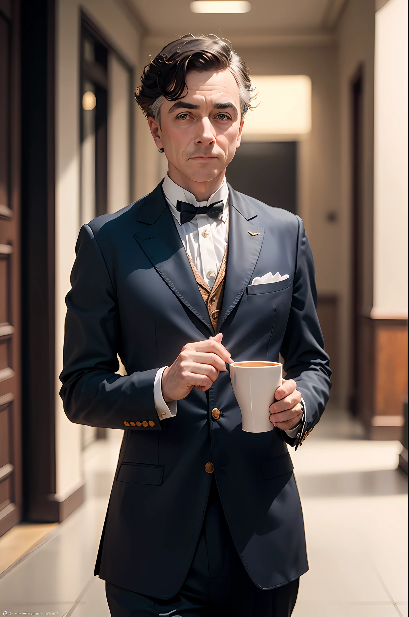hyper realistic professional photo of charles chaplin in modern times movie, dressed as a rich man, in the year 1920, Cinematic, 35mm lens, f/ 1. 8, fashion photography instagram coffee influencer photo --ar 16:9 --v 5 --auto