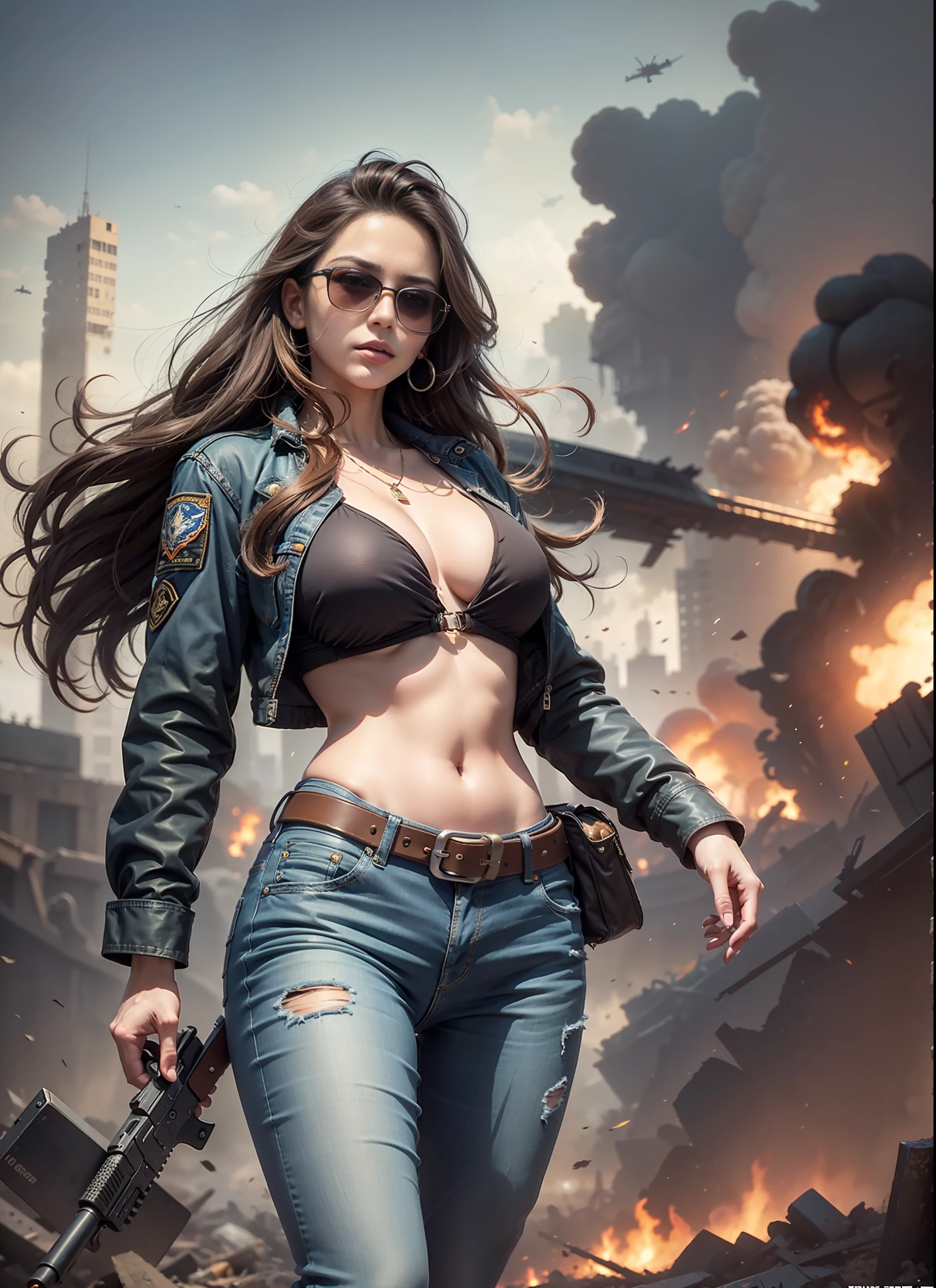 Movie poster, big chest woman, long hair, sunglasses, jeans, 1 black belt, bikini, holster with pistol, just one body, front view, ruins, jungle, night, explosions behind, planes in the sky.