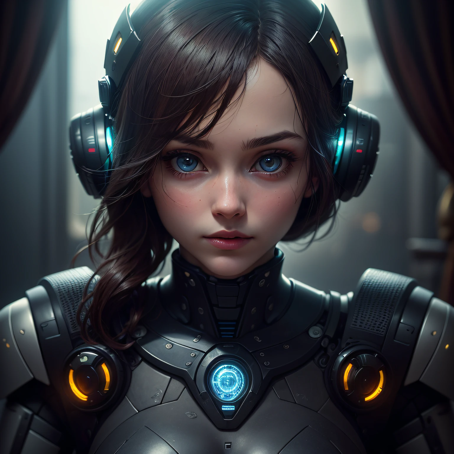 (Highest quality, masterpiece: 1.2), Ultra high resolution, realistic, front lighting, intricate detail, exquisite details and texture, "a female humanoid robot in virtual environment interacting with multiple digital windows and percentage graphs" in a dark technological abstract