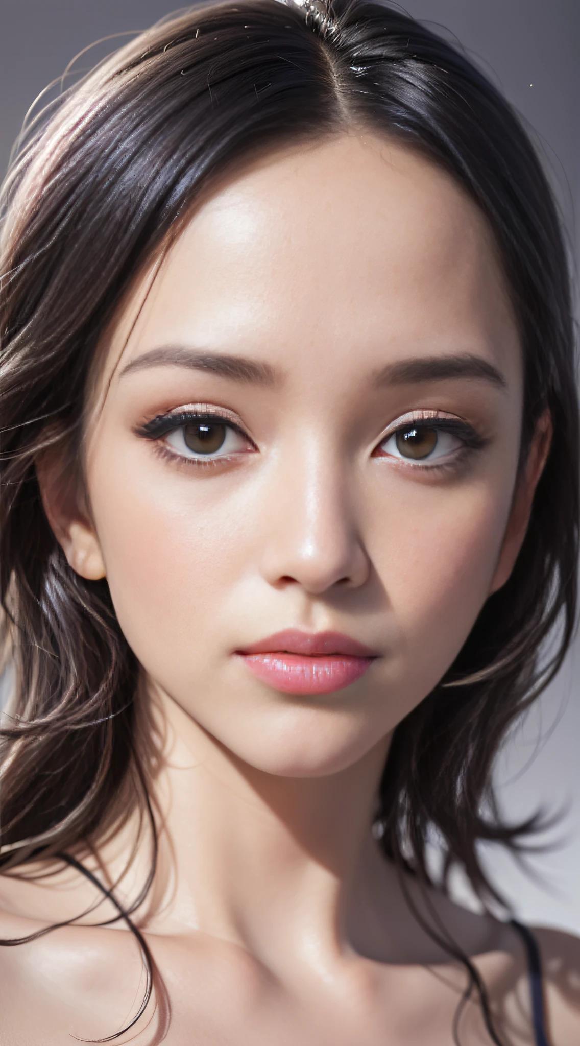 biting lip, (DDbitlip), (photorealistic:1.4), a very beautiful girl looking at viewer, red very thin upper lip, puffy eyes, straight black hair, high detailed eyes, pale white skin, Ultra 8k, RAW, Ultra high res, 80mm, long eyelash, innocent, face portrait, close up, professional lighting, very detailed pupils, very detailed skin, master peace, fine art photography