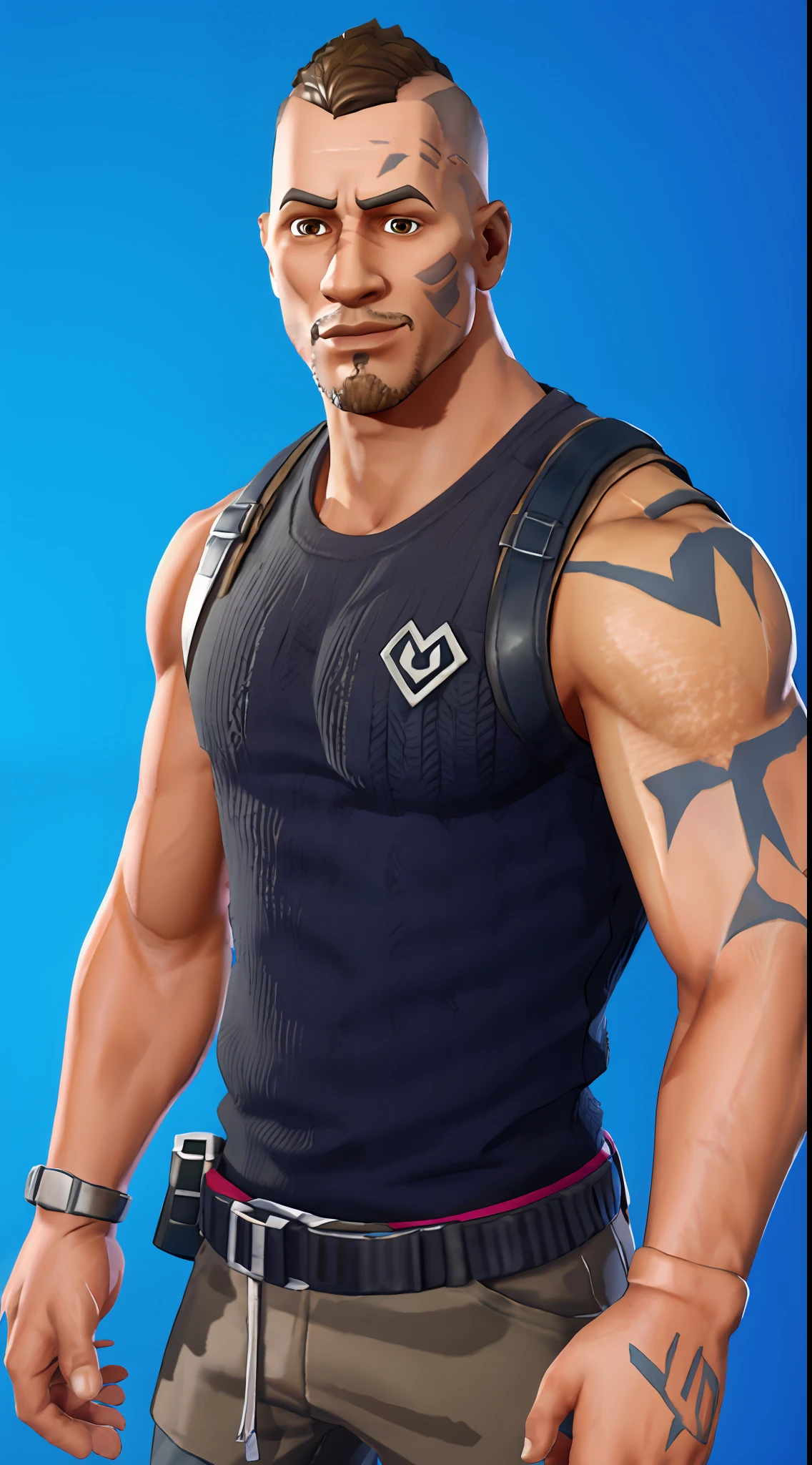 Dwayne Johnson, bald, brown eyes, pupils, shirt, tank top, black, muscular, tattoos, (render cycles:1.3), caustic, blue background, (bright:0.56), (artstation:0.81), unreal engine, fortnite