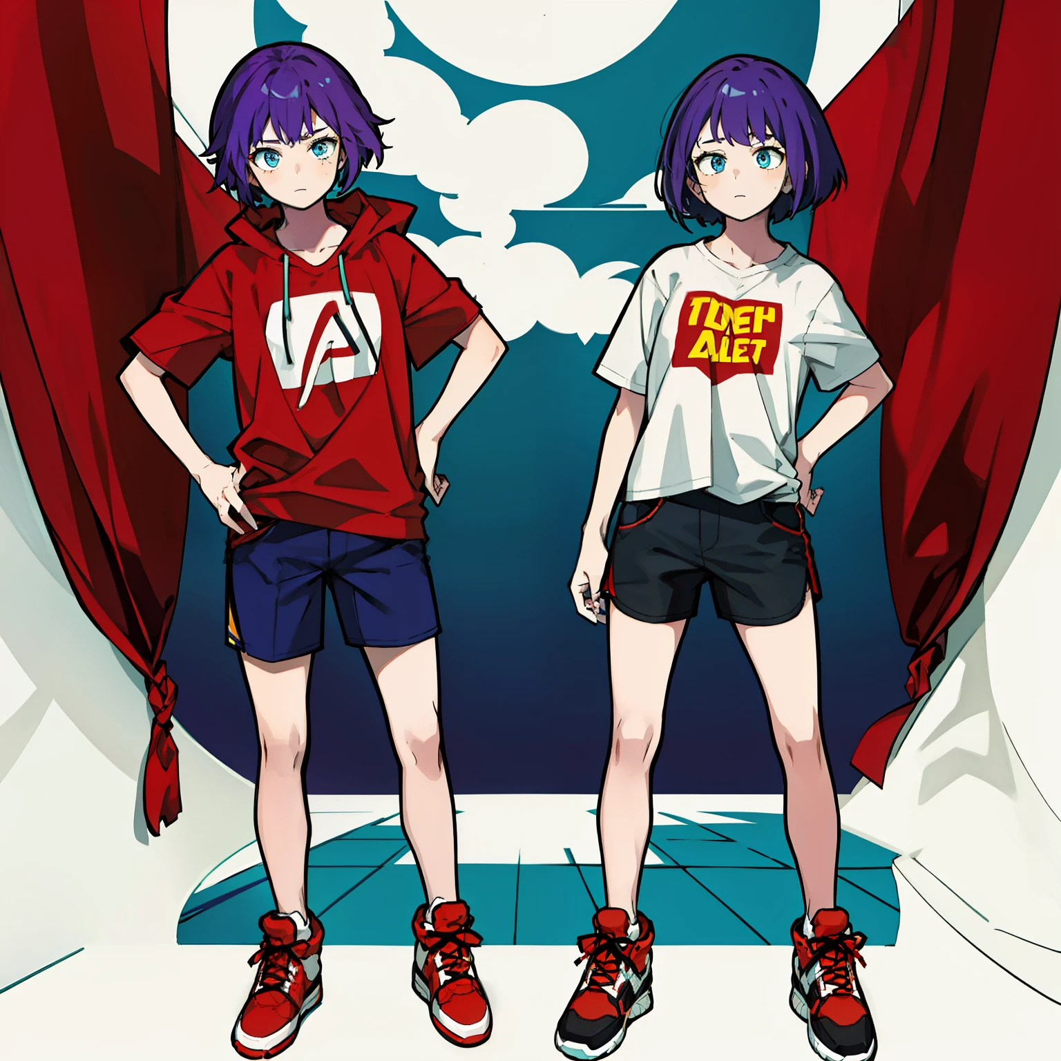 "16-year-old girl with short purple hair, bright blue eyes, wearing a red off-the-shoulder t-shirt, shorts and white sneakers."