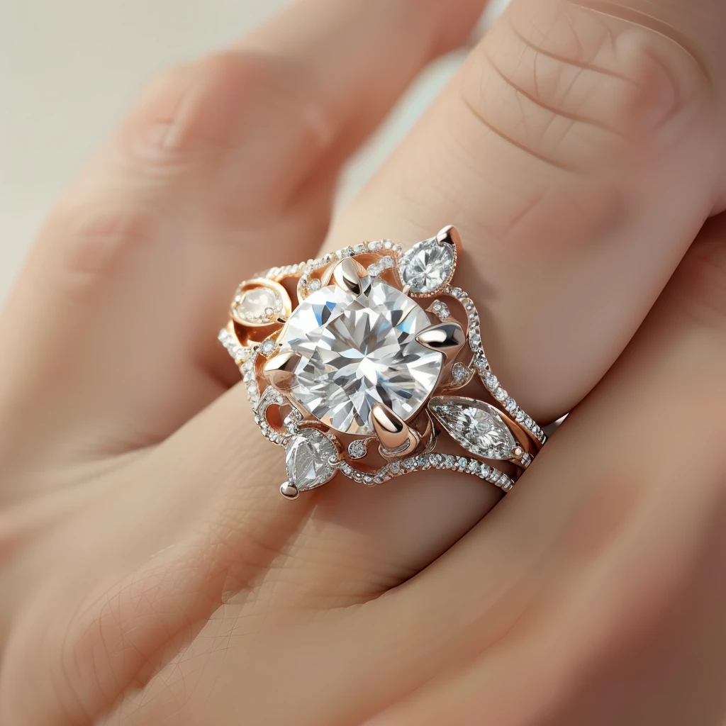 beautiful diamond ring with filigree on the thin band, insanely detailed, high detail, incredible detail