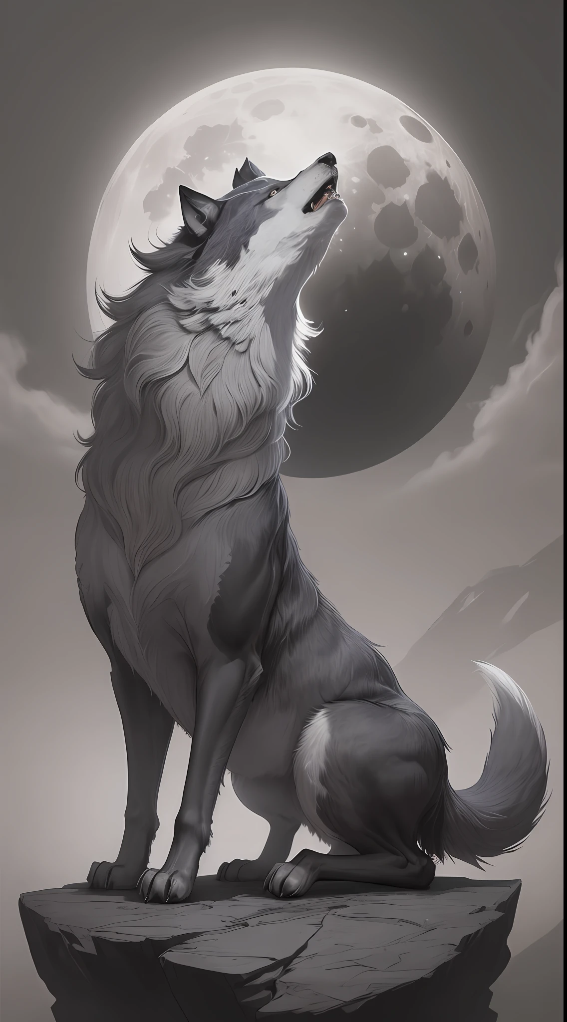 A formidable wolf howling mournfully on a desolate rock formation beneath the full moon's glow, its bloodied cries echoing through the night, the moon shining with an ethereal radiance, casting elongated shadows that emphasize the wolf's presence, depicted in an evocative charcoal sketch, capturing the essence of the wolf's anguish and the moon's haunting beauty