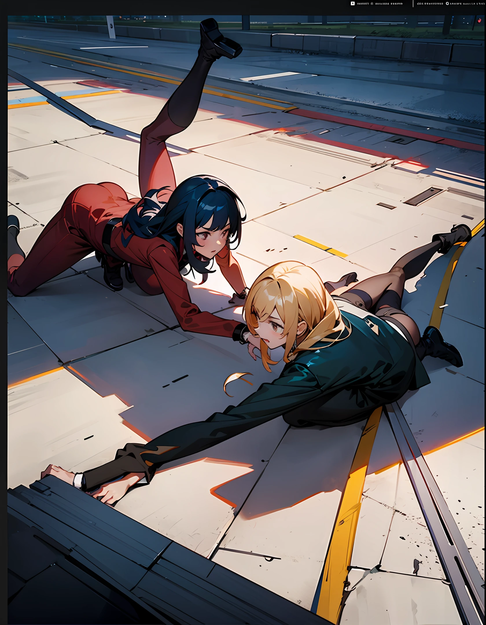 Two girls fighting, fallen to the ground, anime