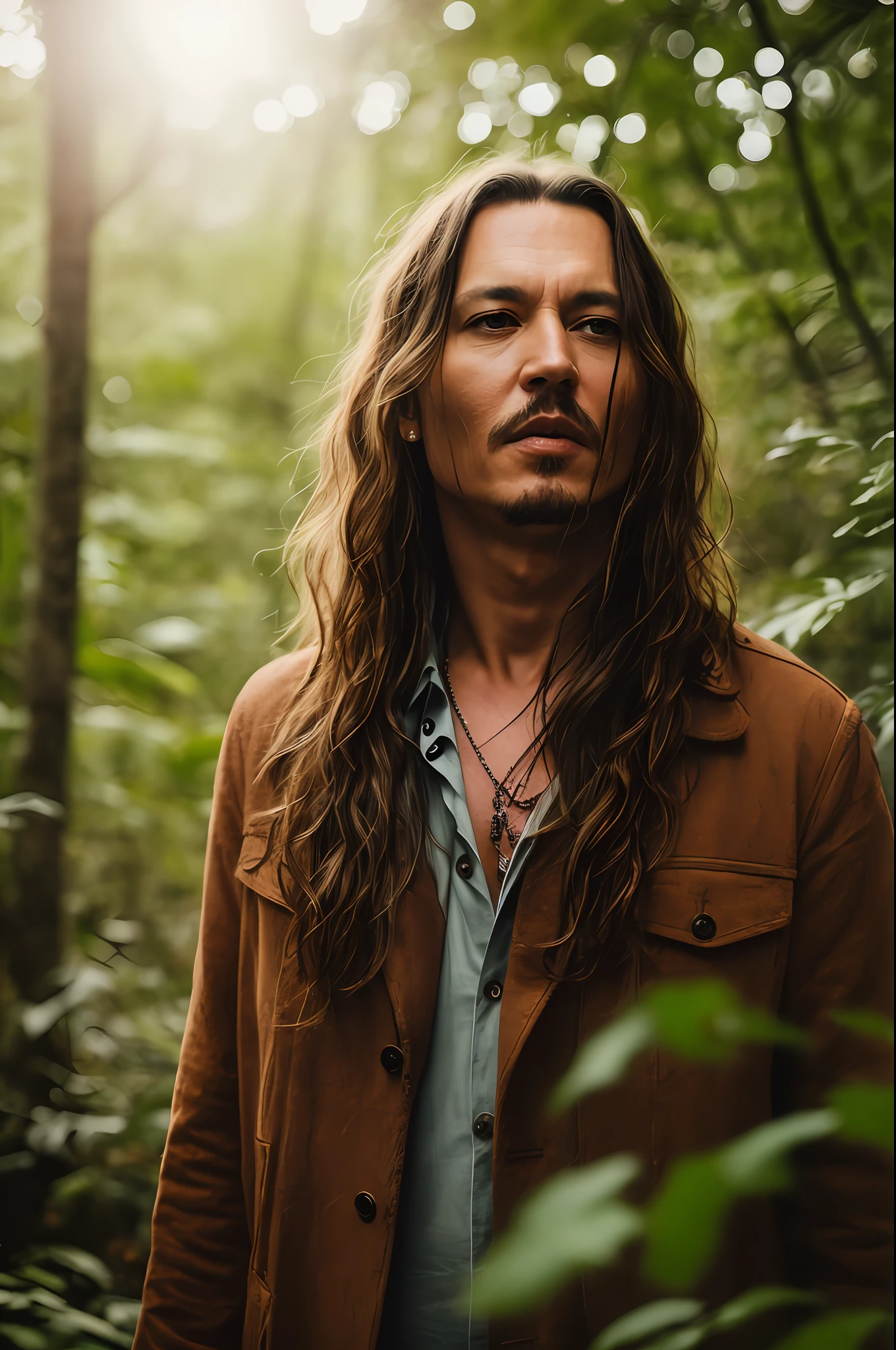 masterpiece, johnny depp walking through jungle at night among fireflies, (high detail:1 1), rough face, natural skin, high quality, nsfw, beautiful eyes, (detailed face and eyes), (face: 1 2), noise, extra, real photo, PSD, lamp film photography, sharp focus, contrast lighting, detailed skin, high resolution 8k, crazy detail, realistic, professional photography, 8k UHD, SLR camera, soft lighting, high quality, film grain, Fujifilm XT3