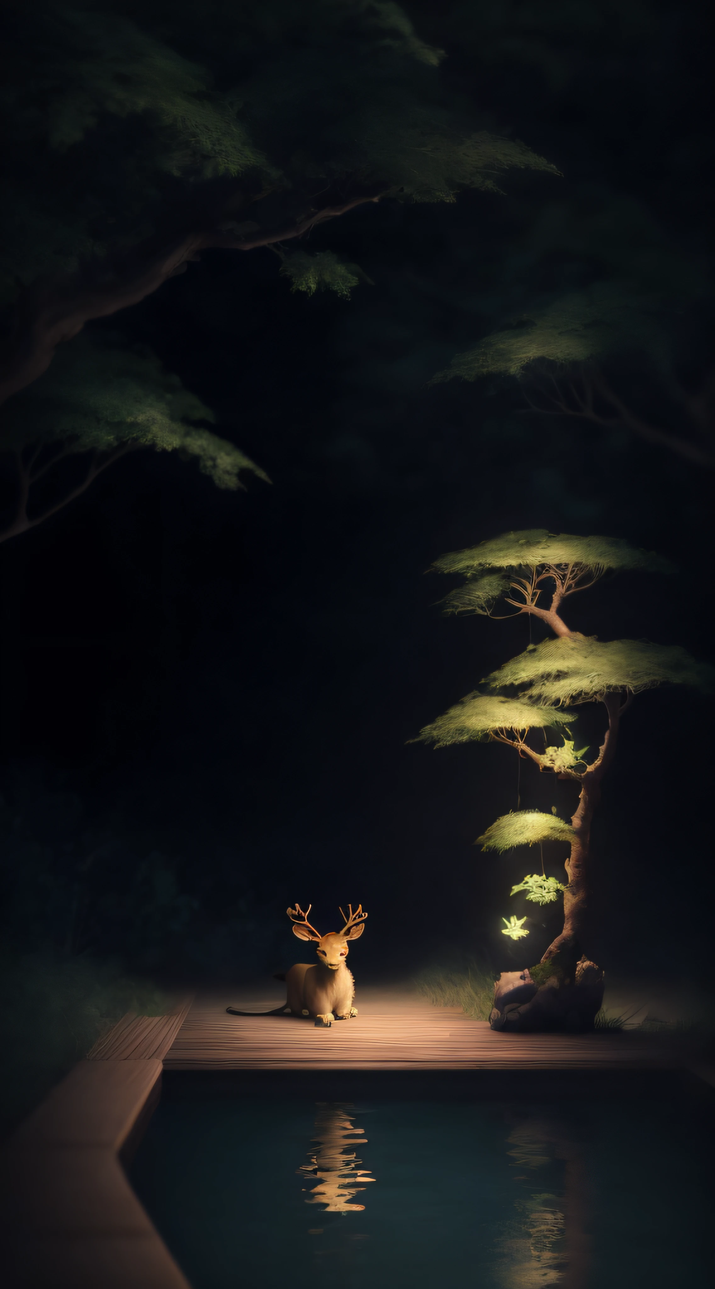 Masterpiece, best quality, (very detailed CG unified 8k wallpaper), (best quality), (best illustration), (best shadow), glowing elf with a glowing deer, drinking water in the pool, natural elements in forest theme. Mysterious forest, beautiful forest, nature, surrounded by flowers, delicate leaves and branches surrounded by fireflies (natural elements), (jungle theme), (leaves), (branches), (fireflies), (particle effects) and other 3D, Octane rendering, ray tracing, super detailed , lion --v6