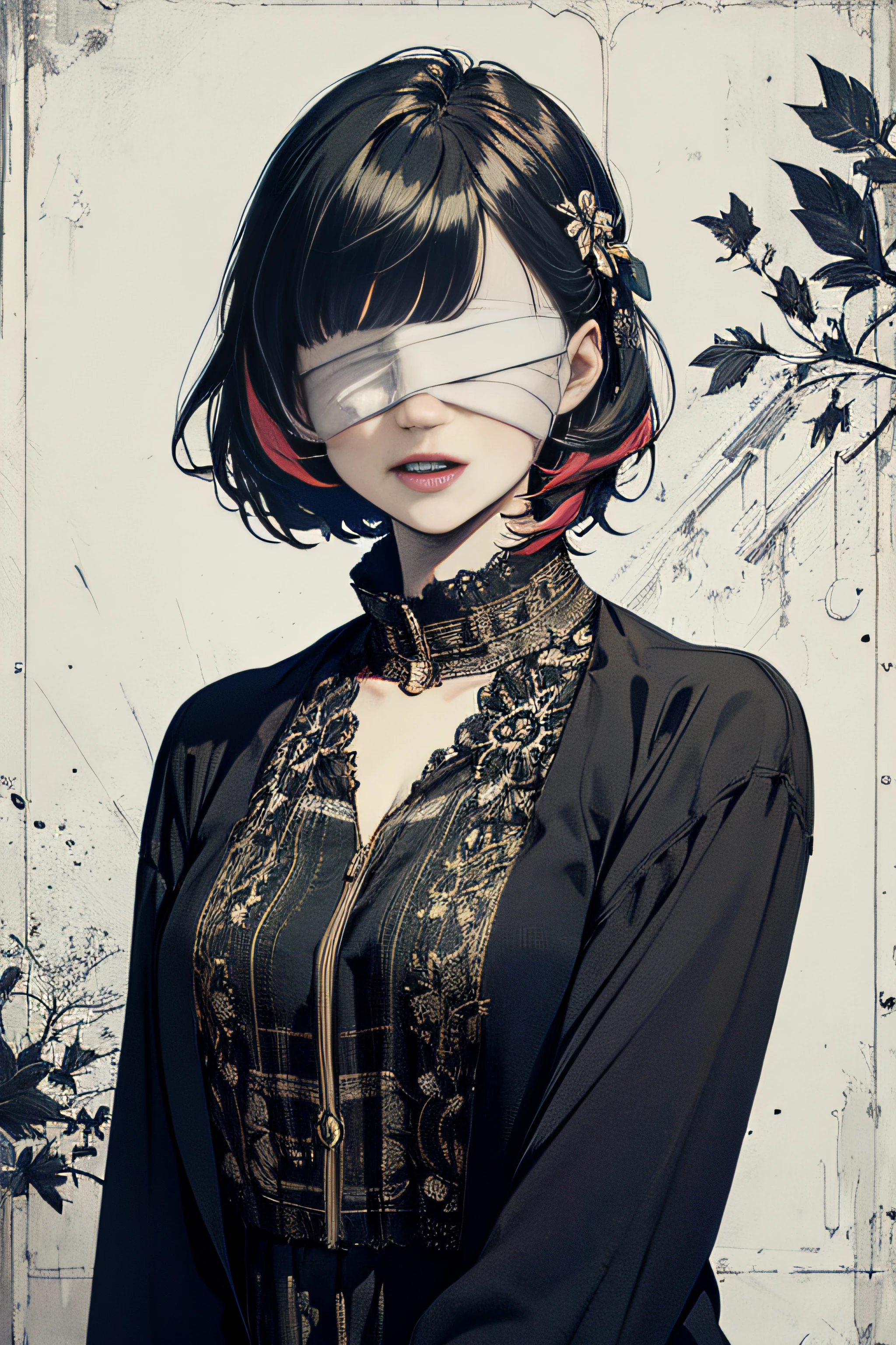 (masterpiece, top quality, best quality, official art, beautiful and aesthetic:1.2),
blindfold, solo, 1girl, open mouth, short hair, long sleeves, bangs, smile, upper body, bandages, shirt,
extreme detailed,highest detailed, optical mixing, playful patterns, lively texture, unique visual effect