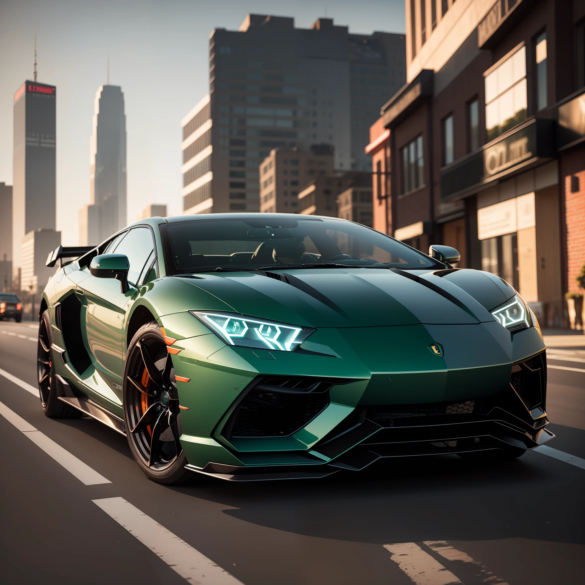 Lamborghine, green neon details, black car, ray tracing, 8k.