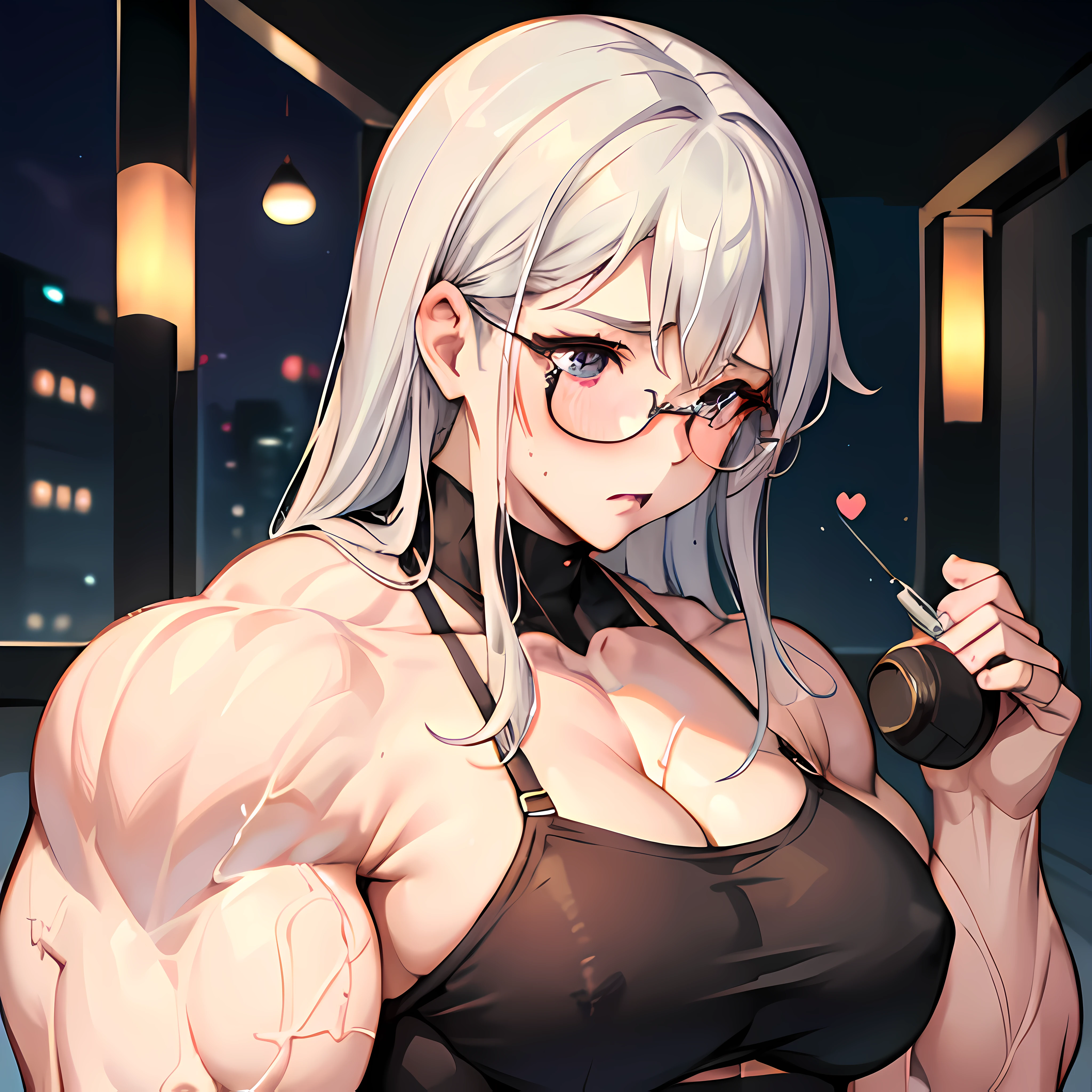 Little school girl, glasses, blush, anger, (hypermuscle:1.6), large shoulders, flex, biceps, abs, quads, big breasts, erotic, sexy, satisfaction, domination, female, domination, (erotic angle), (erotic pose),<lora:Muscle:1