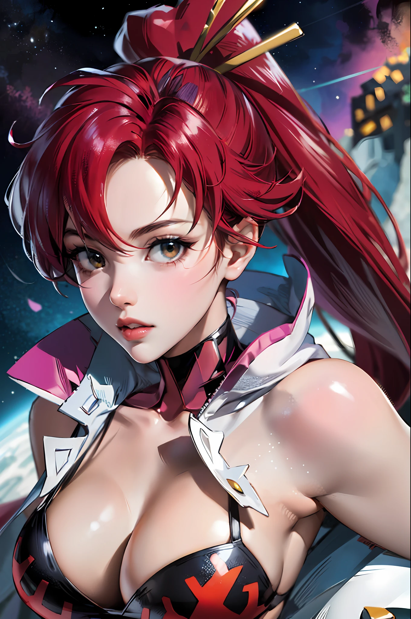 Create an incredibly detailed drawing of the character Yoko from the anime Gurren Lagann in a space environment. Let Yoko be photographed up close to show all the details of her gorgeous appearance. Please provide the highest quality and maximum detail to ensure that every line, shadow and texture is clear and realistic. Use clear focus to especially reflect her vivid facial expressions and her characteristic features, such as hair, eyes, and clothing.
Add a space environment with neon lights and a colorful spectrum to create a futuristic, exotic atmosphere. Let these lights illuminate and enhance the beauty and elegance of Yoko. Short, narrow
Top, in love
Please make the drawing accurate and consistent with Yoko's appearance from the anime Gurren Lagann. Waterfall, oasis, furs, transformers