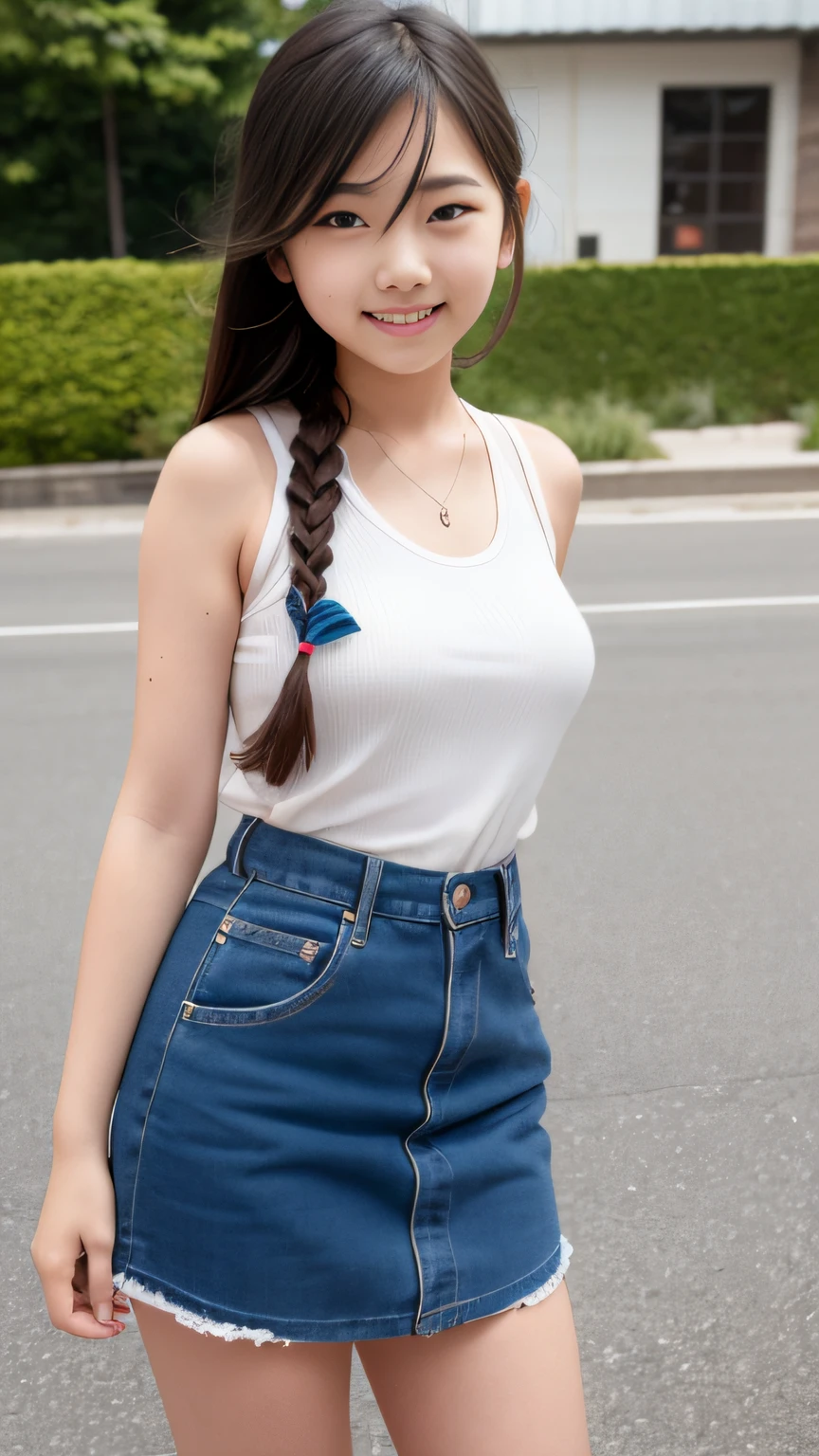 Original quality, highest quality, best image quality, exaggerated detail, clear face A cute 12-year-old Asian girl with a shy expression, slightly squinted eyes, (braid, sleeveless shirt) outdoors, posing in front of the camera, emphasizing breasts, smiling a little, childish body
