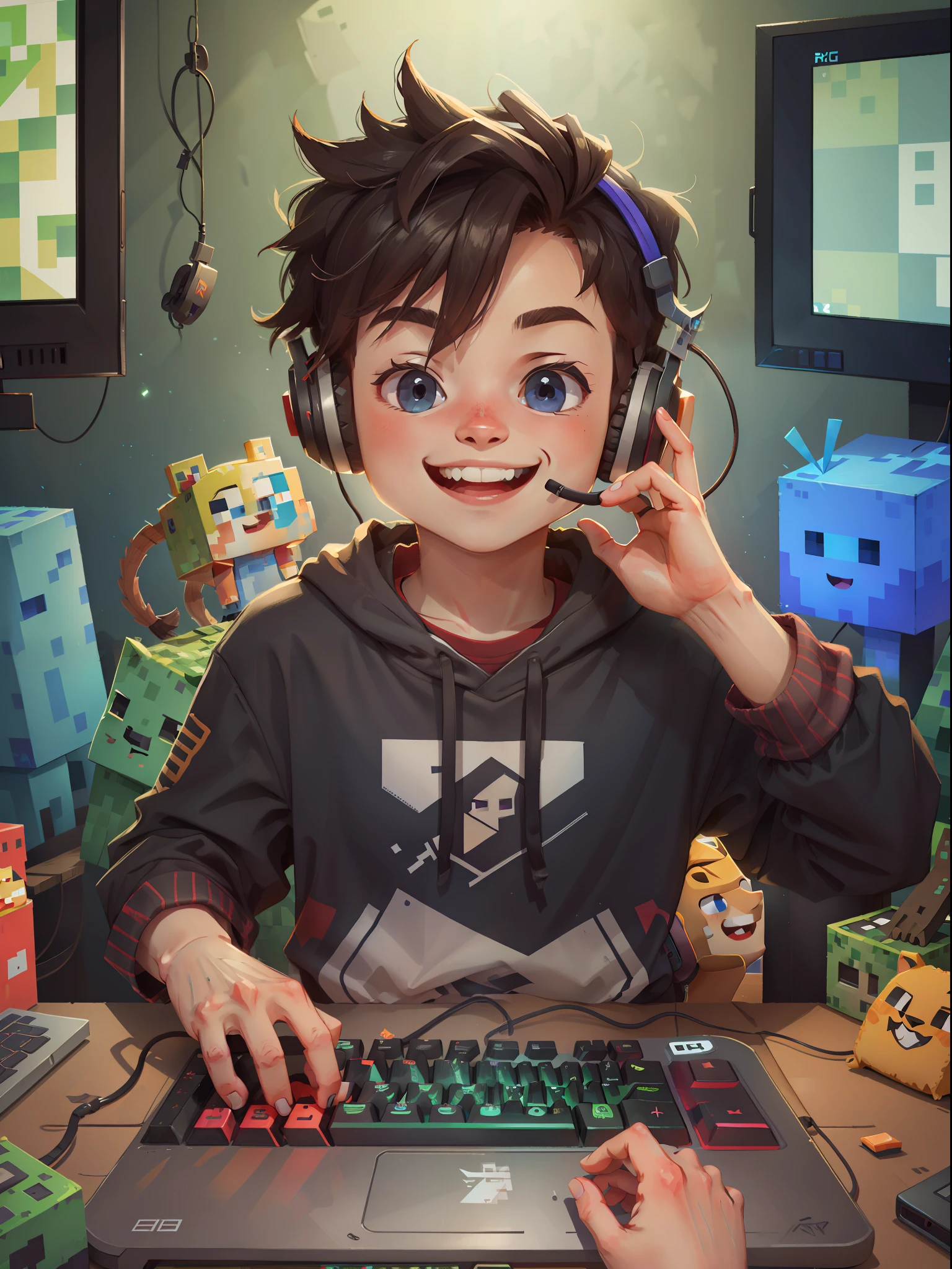 Gamer boy smiling, perfect hands, RGB keyboard, gamer computer, headset, profile picture, playing minecraft, live stream
