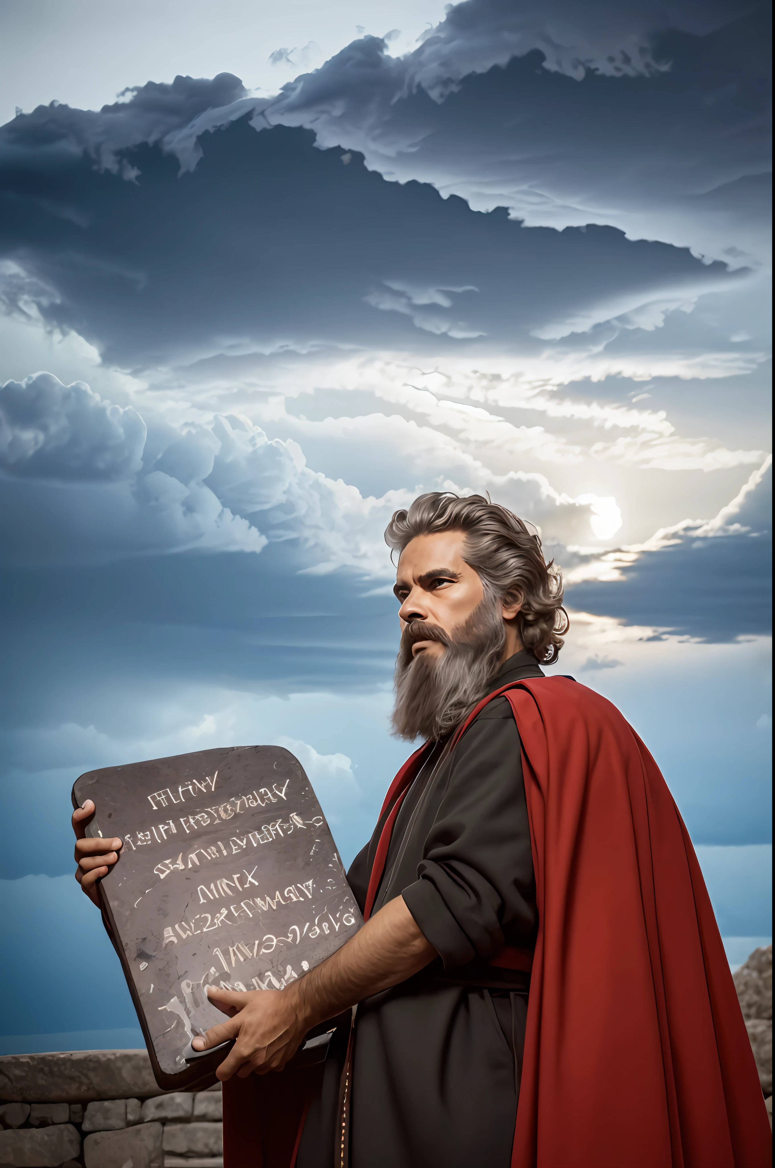 OldEgyptAI, pharaon head, a storm in the background behind him,cloud, cloudy sky, Standing At Attention,(Upper_body), holding two large stone plaque with numbers writing on it's, red cape, long beard, White_hair,Short_hair,Blue_eyes, 1 old Man, looking at viewer,(closed mouth:1.0), serious, official art,extremely detailed CG unity 8k wallpaper, perfect lighting,Colorful, Bright_Front_face_Lighting, (masterpiece:1.0),(best_quality:1.0), ultra high res,4K,ultra-detailed, photography, 8K, HDR, highres, absurdres:1.2, Kodak portra 400, film grain, blurry background, bokeh:1.2, lens flare, (vibrant_color:1.2),