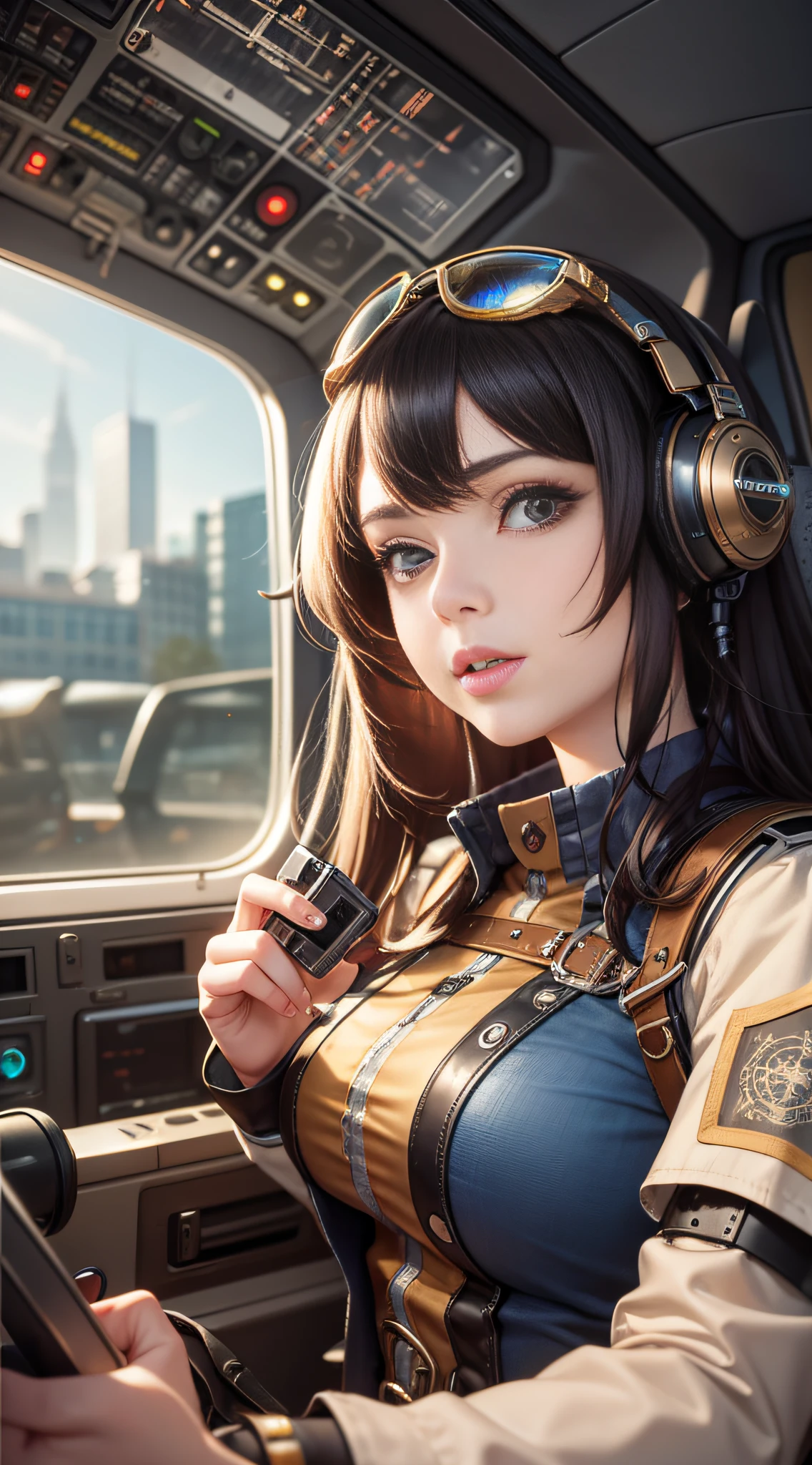 Awesome steampunk pod pilot girl looks at camera in ingenious and complex hyper-detailed cockpit