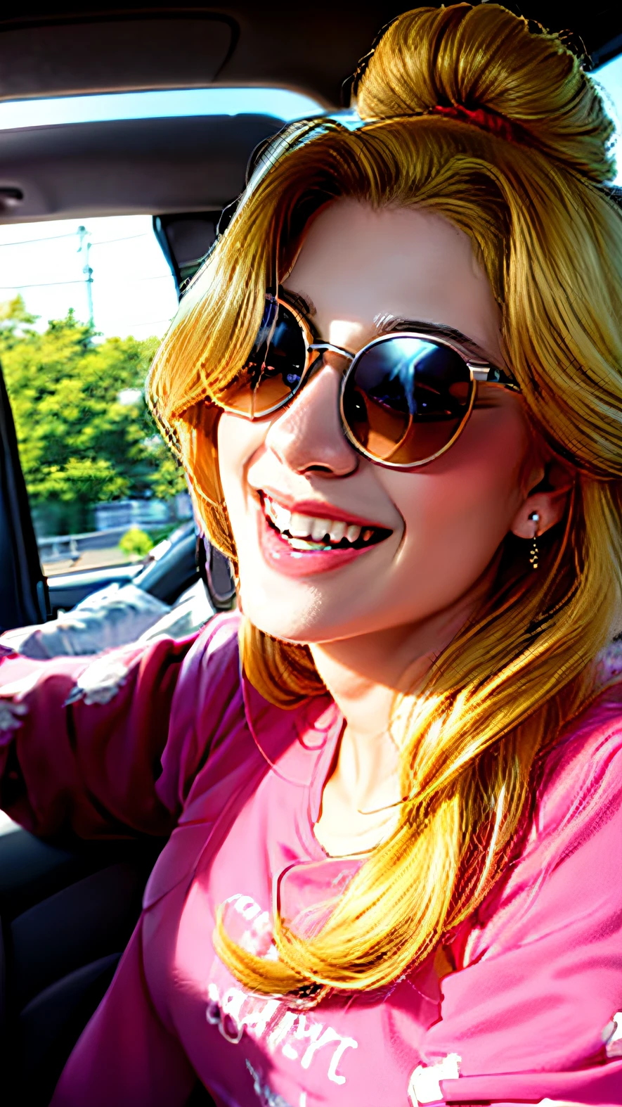 Blonde woman with sunglasses and pink shirt smiling in a car, lovely smile, she is smiling, anime, and realistic animation style