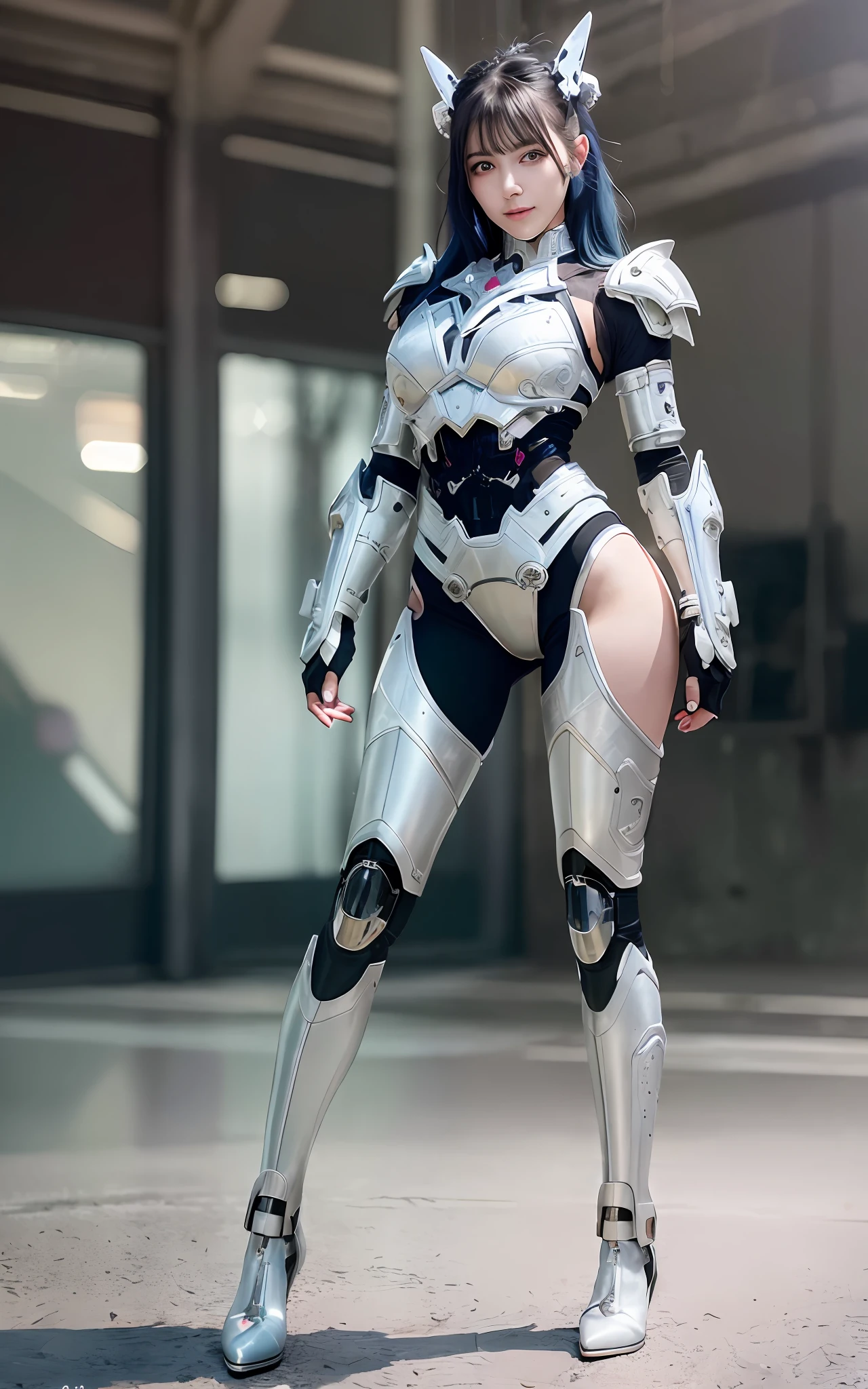 masterpiece, best quality, 1girl, solo, perfect face, looking at viewer, skin tight transparent vinyl, long blue hair, gray eyes, pale skin, shanyaogaoda, mecha, pink armor with white part, armor, helmet, lineart, dimly lit, low key, sharp focus, octane, backlighting, machinery, backlighting, shiny clothes, mechanical legs, thrusters, flying, hair ornament, high heels, shiny, artist name, standing, thighs, pink eyes, teeth, looking down, armored boots, cyborg, (big mechanical background:1.2), bare shoulders, lips, machine, The view from the bottom up, cosplay, RAW photo, delicate, best quality, (intricate details:1.3), hyper detail, finely detailed, colorful, 8k uhd, film grain, (studio lighting:1.2), (Fujifilm XT3), (photorealistic:1.3), (detailed skin:1.2)ultra high res, outside in the park with lake, best quality, photo, 4k, (photorealistic:1.4)