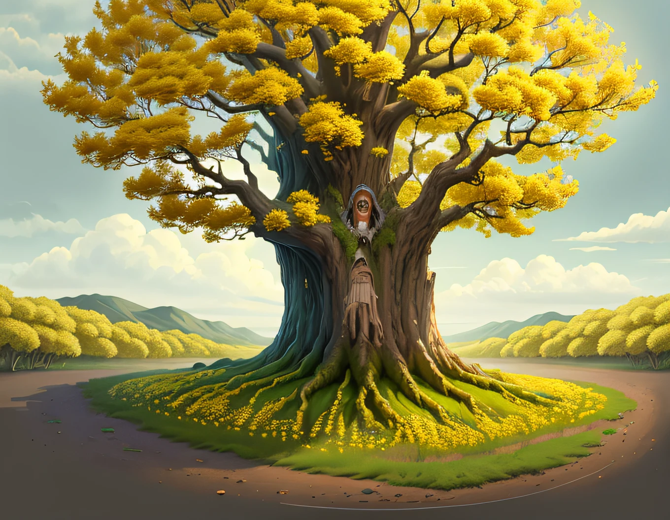 LARGE TREE ALL YELLOW IN YELLOW FLOWERS, VERY LEAFY, IMAGE IN HIGH DEFINITION, REALISTIC, CINEMATIC